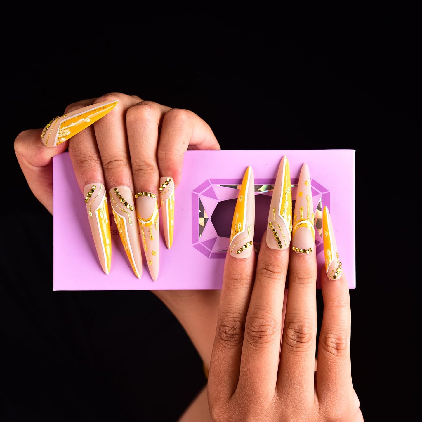 Tmani 10pc/set Extra Long Handmade Press On Nail Hot Girl's Long Ballet Nails Pointed Nail Full of Diamond Glitter Decoration Fake Nails Suitable For Girls Festival Parties and Birthday Gift (296,M)
