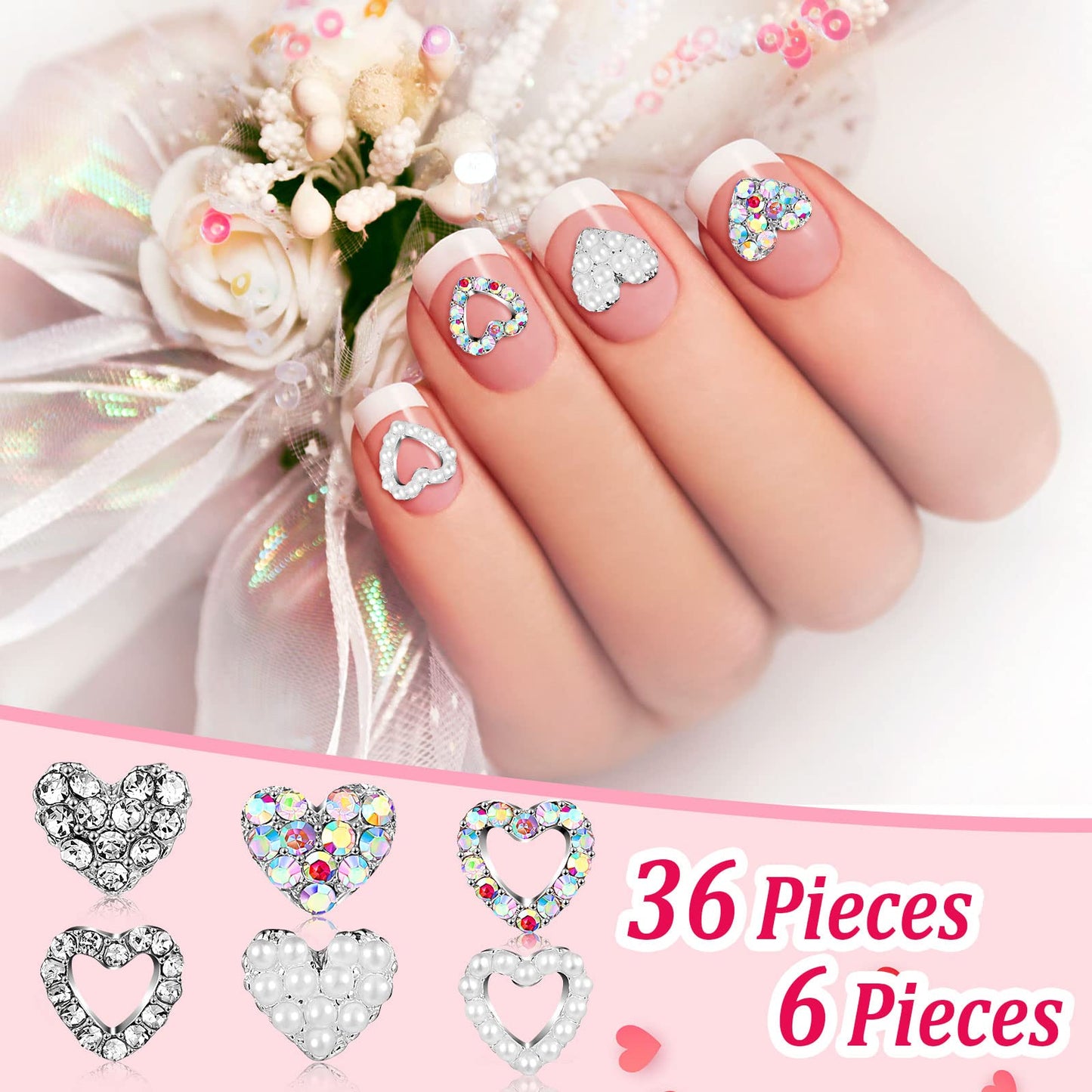 Leelosp 36 Pcs Heart Nail Charms for Nail Art, 3D Heart Rhinestone Decals Silver Crystal Charms Diamond Alloy Gems for Women Decorations
