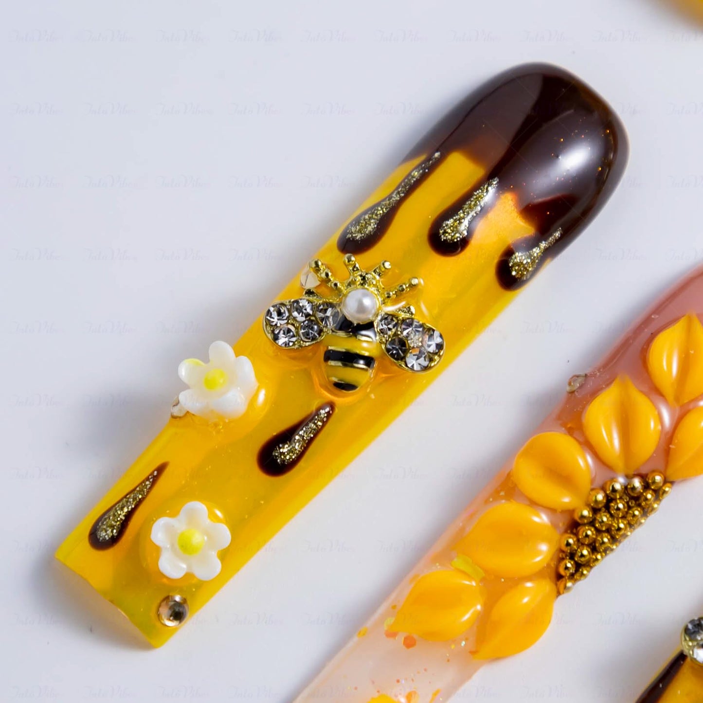 IntoVibes 10 Pieces Handmade Luxury Long Press On Nails With Square Design, Sunflower And Bee Accessories, Yellow Thickened False Nails, Reusable Fake Nails, Acrylic Nails (M)