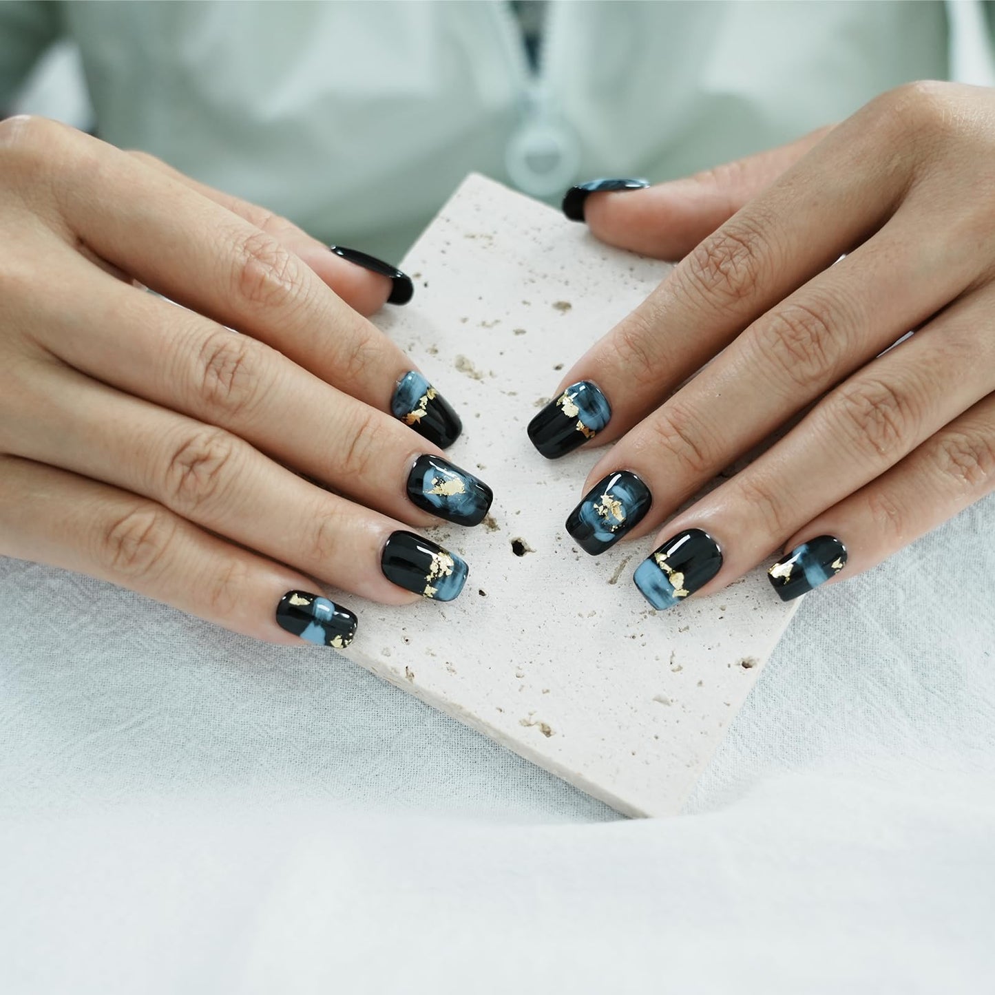 Tesytto Short Coffin Press on Nails - Handmade Black Fake Nails with Blue Ombre Glitter Gold Foil Design, High Gloss Acrylic Nails for Women, Party, Daily Wear (Playful Doodle,S)