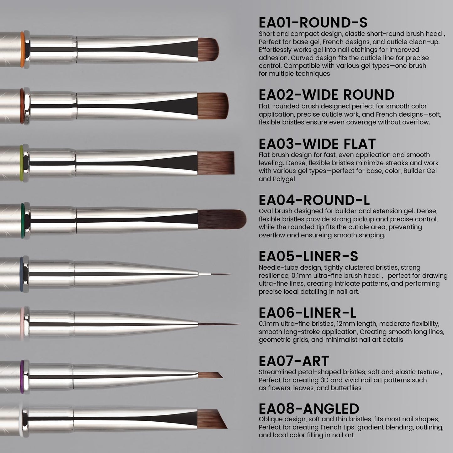 YOKEFELLOW EliteAlly Nail Art Brushes, 8pcs Nail Art Tool Set with Brush Holder, Gel Nail Brush,Extension Brush, French Tip Brush, Liner Brushes for Gel Polish Design Supply(EAkit-01)
