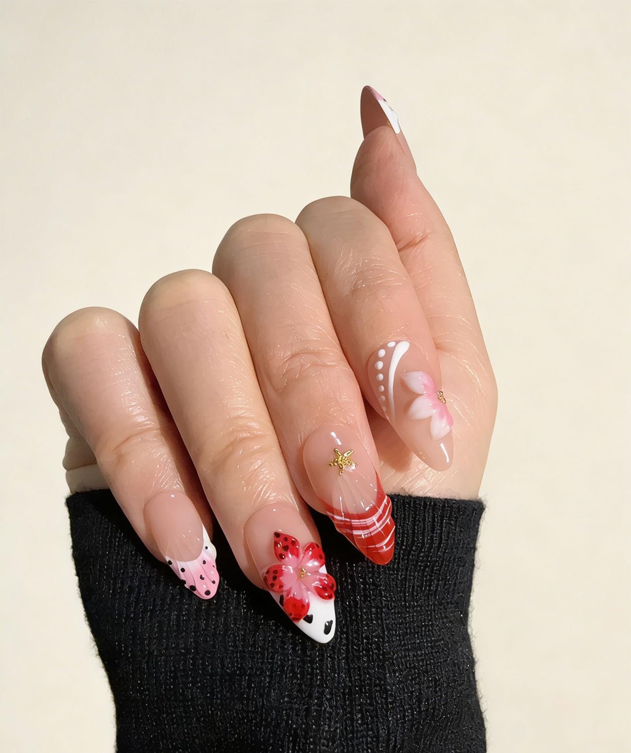 10 Almond Handmade Press - On Nails | 3D Floral, Starfish & Polka Dot Design, Pink & Red Accents | Skip Salon Trips,Reusable & Easy to Apply (25910, XS)