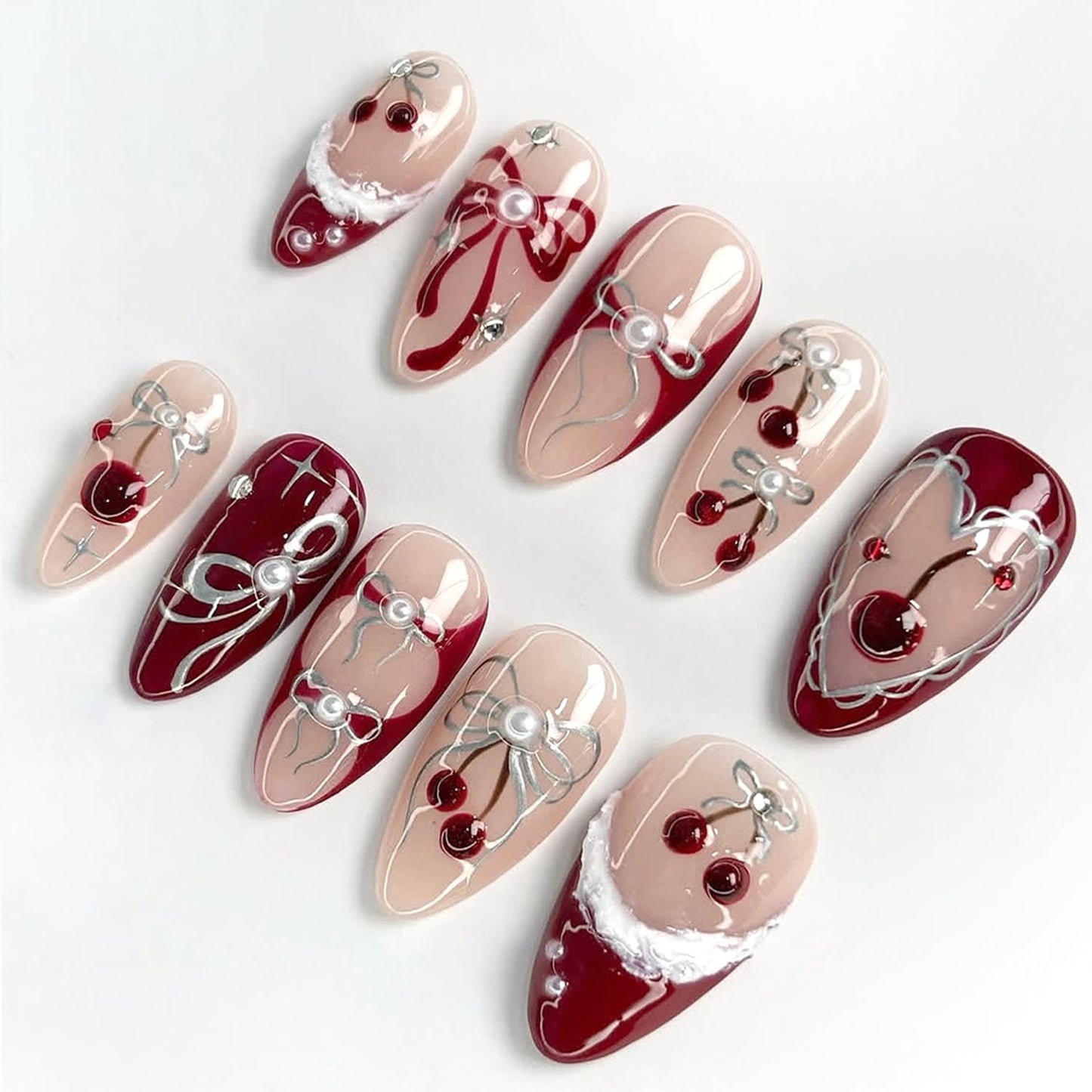30Pcs French Tip Press on Nails with Charms Medium Almond Fake Nails with Cherry Rhinestone Designs French Nails Press ons Cute Bow Pearl Stick on Nails Almond-Shaped Acrylic Nails for Women