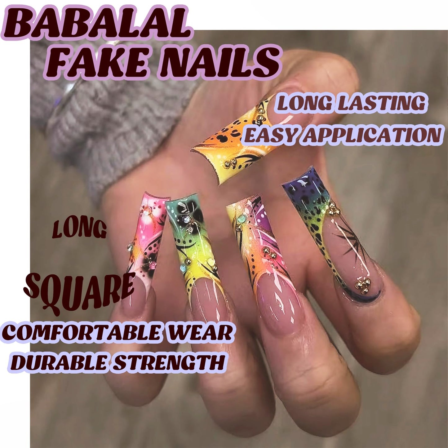 BABALAL Long Square Press on Acrylic Nails French Tip Fake Nails Yellow Green Purple Pink Stick on False Nails Summer Colorful Press ons Sparkly Bling Supplies Luxury for Women 24Pcs Coquette
