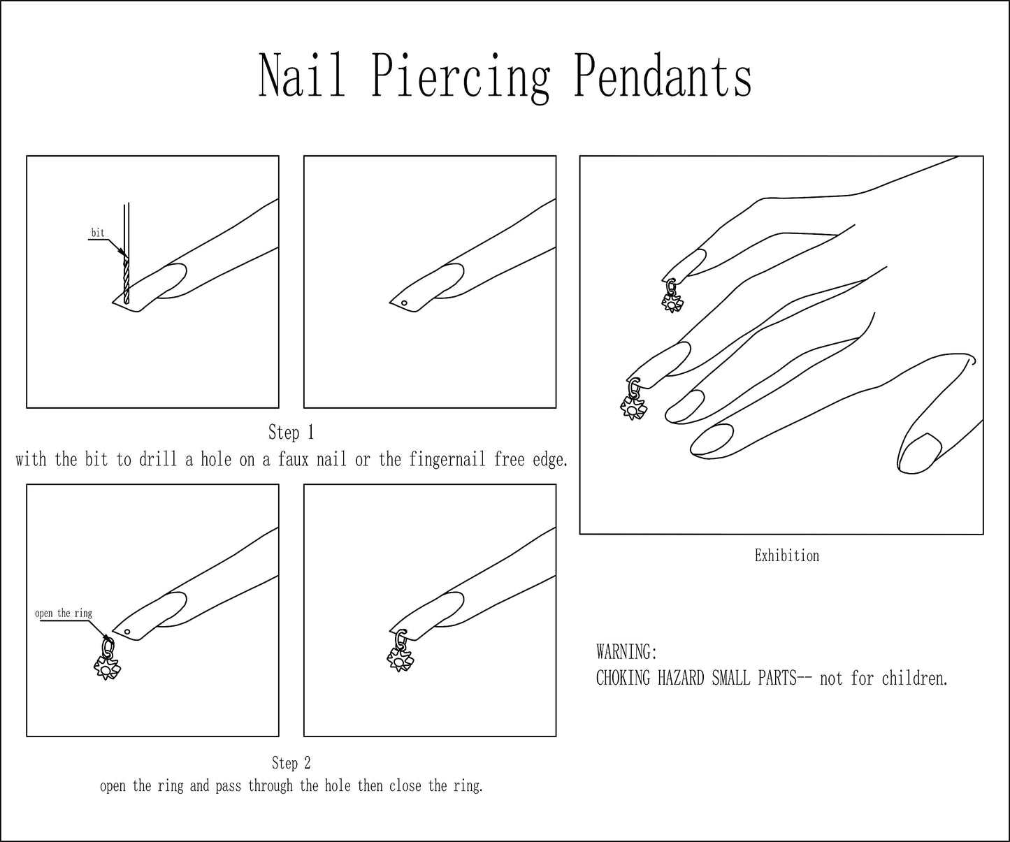 Rojwei 14K Gold Plated Nail Piercing Pendants and a Manual Drill, 5 pcs Metal 3d Nail Art Charms with Rhinestones, dangle bling decoration as Fingernail Jewelry Diy