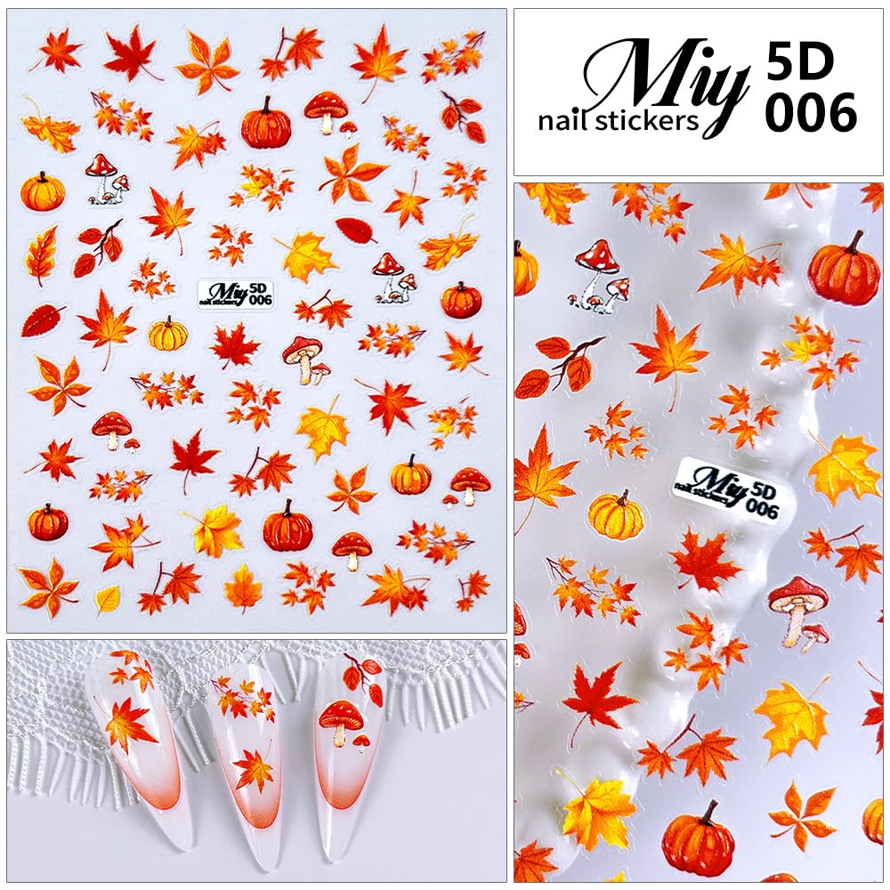 Fall Nail Art Stickers - 5D Miniature Sculpture Fall Pumpkin Nail Decals - 2PCS Manicure Maple Leaves Squirrel Mushroom Nail Art Supplies Autumn Acrylic Nail Art Decoration for Women