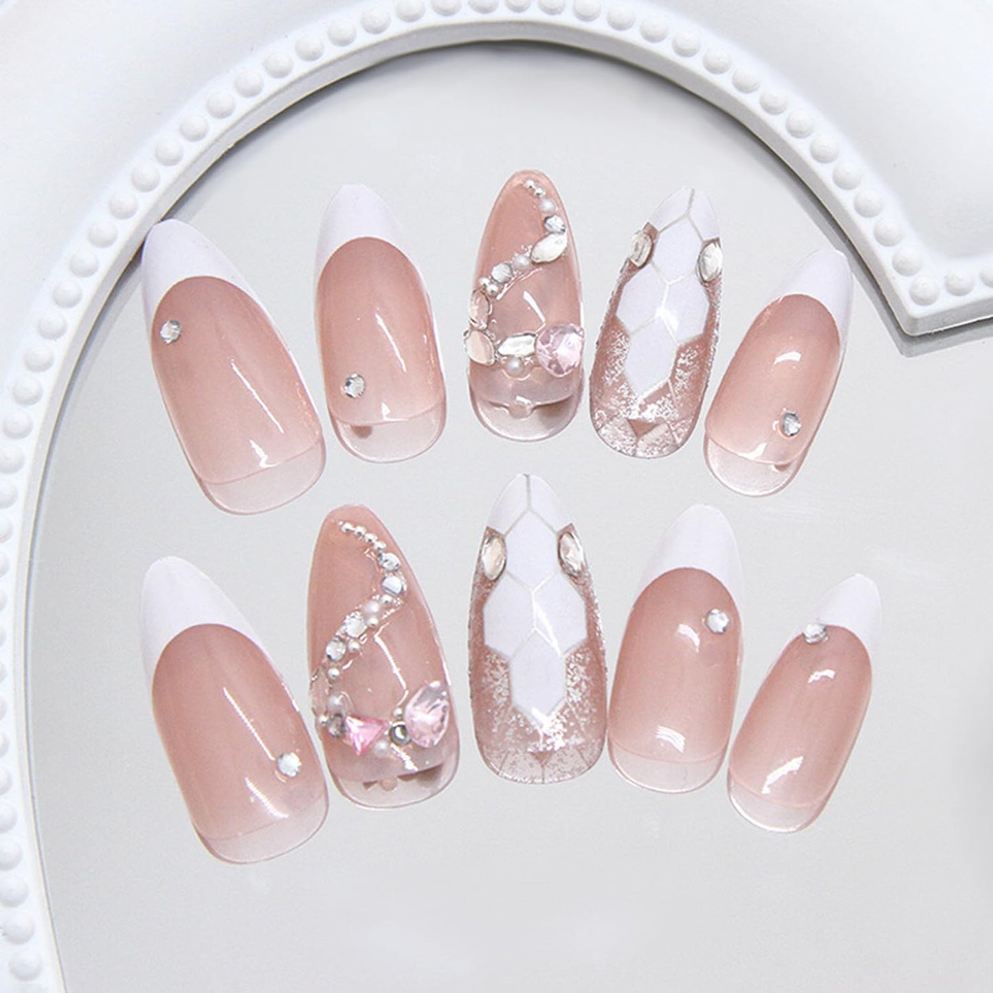 YKZFUI 24Pcs French Tip Press on Nails Medium Almond with 3D Crystal Rhinestones Design, White French Nails Press ons Cute Stick on Nails Little Snake Fashion Acrylic ABS DIY False Nails Set for Women