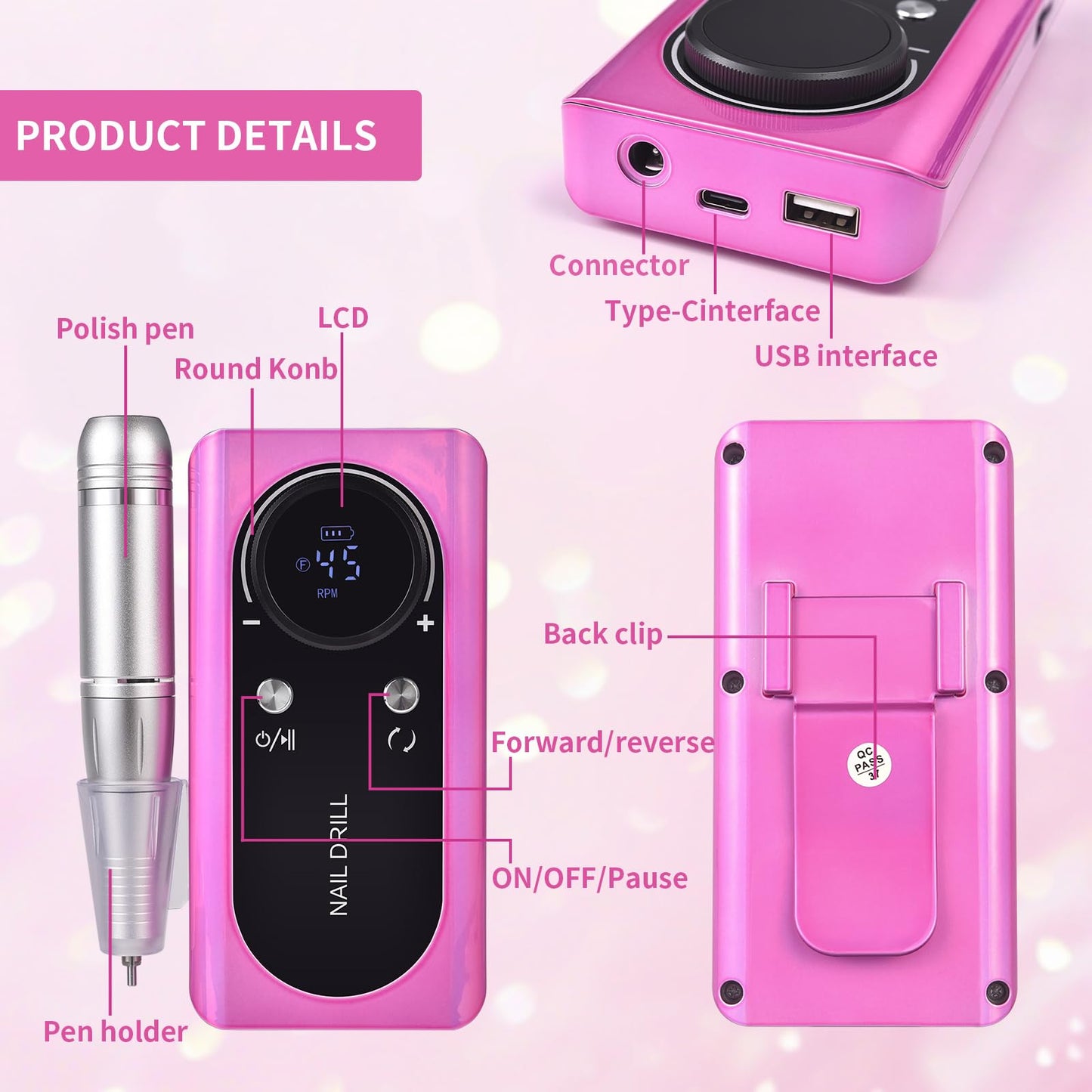 siyuwuro Electric Nail Drill Machine 45000RPM Professional Cordless Rechargeable Portable Nail File Removing Polishing Acrylic Gel Nails with 6 Drill Bits & Sanding Bands, for Nail Salon Home, White