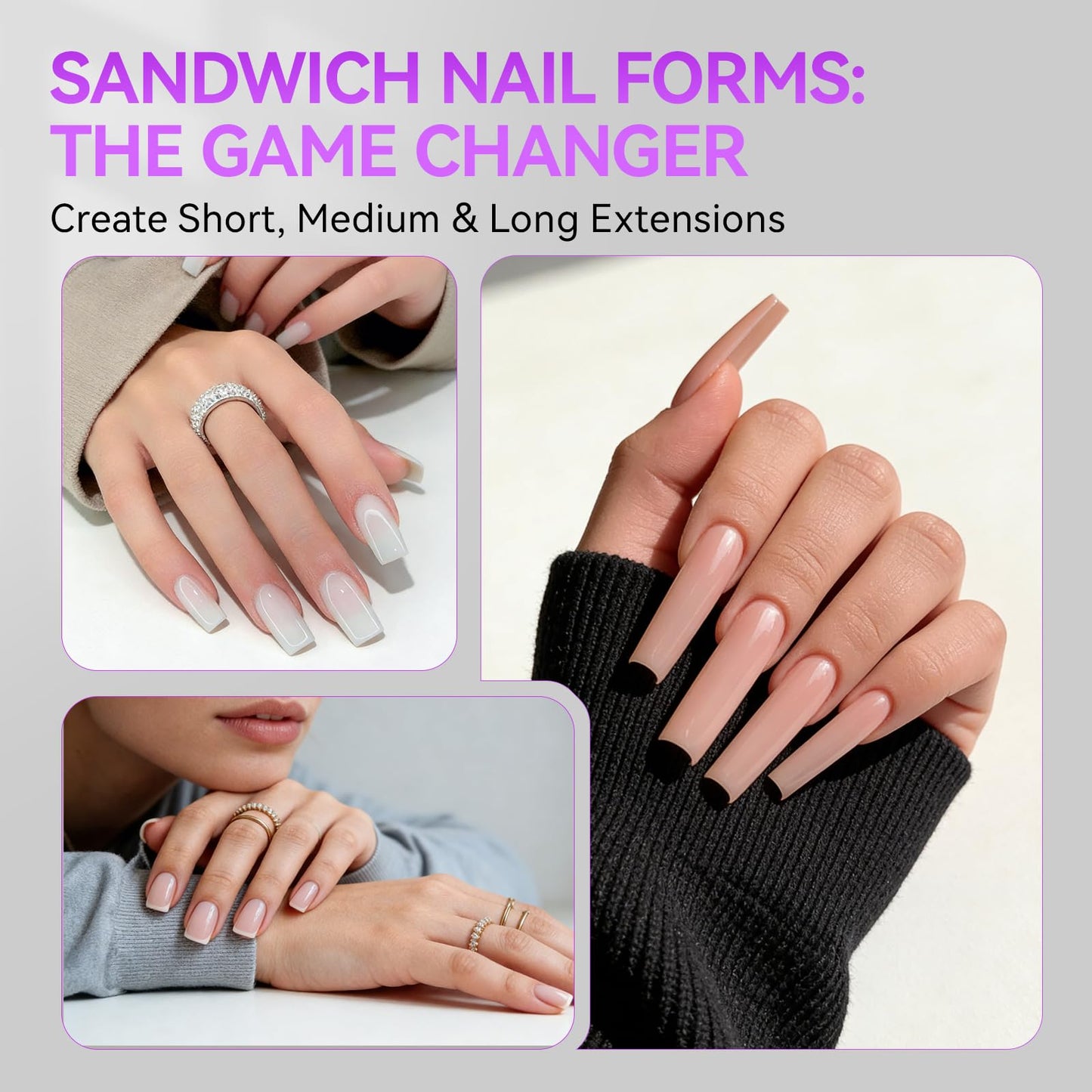 Gelike EC Sandwich Dual Forms for Polygel: Reusable Square Dual Form for Builder Gel & Acrylic Nails - 240pcs 15 Size with Guidelines to Create Short/Medium/Long Styles - C-Curve with Straight Sides