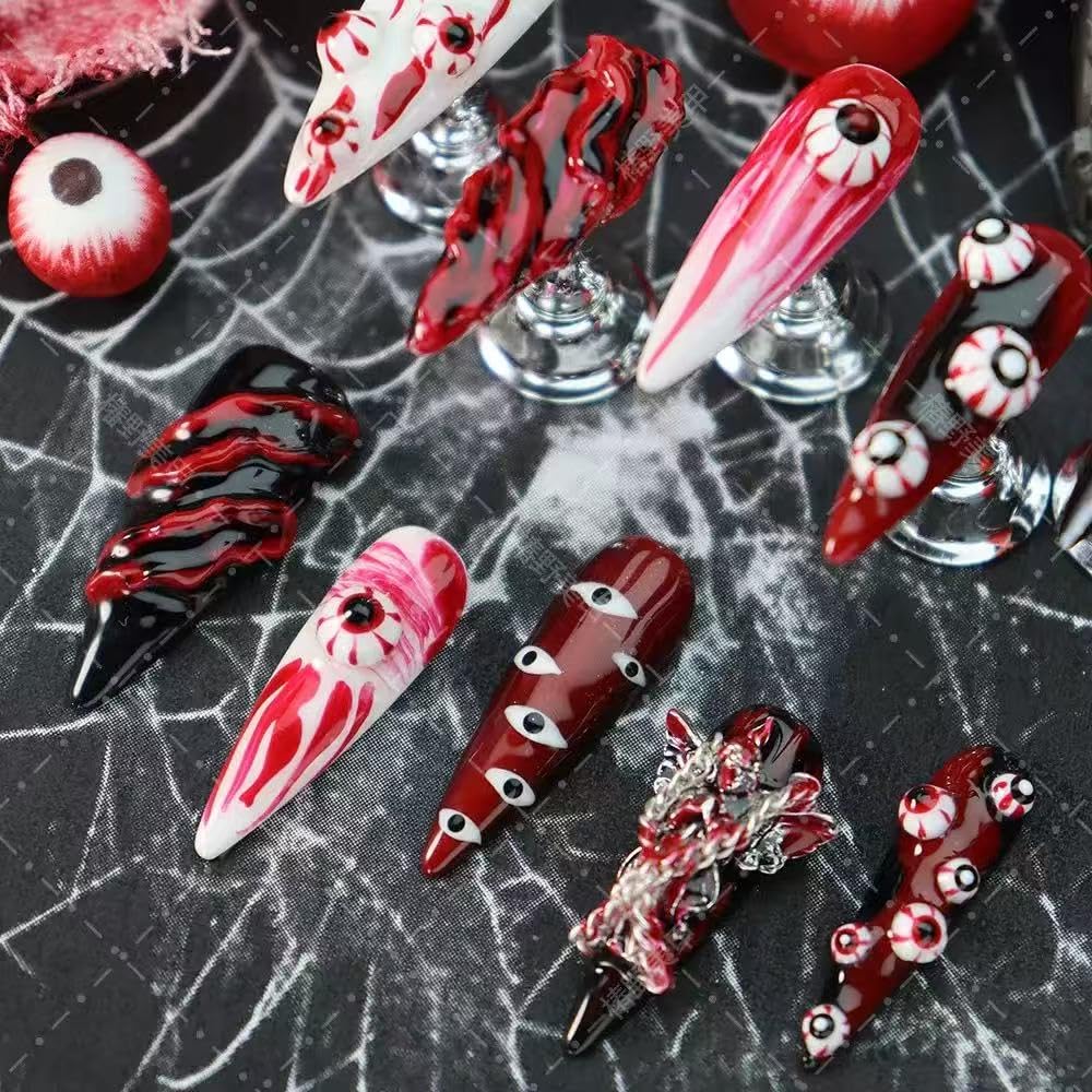 100% Handmade Press on Nails Long Stiletto Halloween Fake Nails with Evil Eye Charms Design Red Black Ombre False Nails Acrylic Handmade Nail Press Ons for Women Girls Manicure Size M