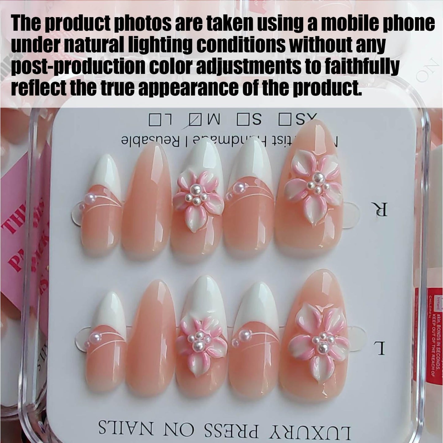 Gleamrain Almond Press on Nails Medium Handmade French Tip Cute Stick on Nails with Flower and Pearl Design Cherry Blossom Pink Fake Nail for Women and Girls Spring Or Summer 10pcs M Size P22
