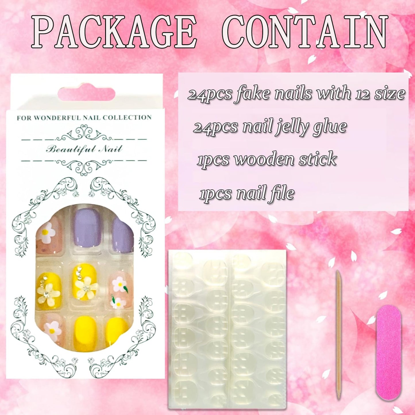 Vezocim Press on Nails Short Square-24Pcs Glossy Full Cover Acrylic Square False Nails with Floral Gems Designs Artificial Extra Short Square Fake Nails with Glue Stick on Fingernails for Women Girls