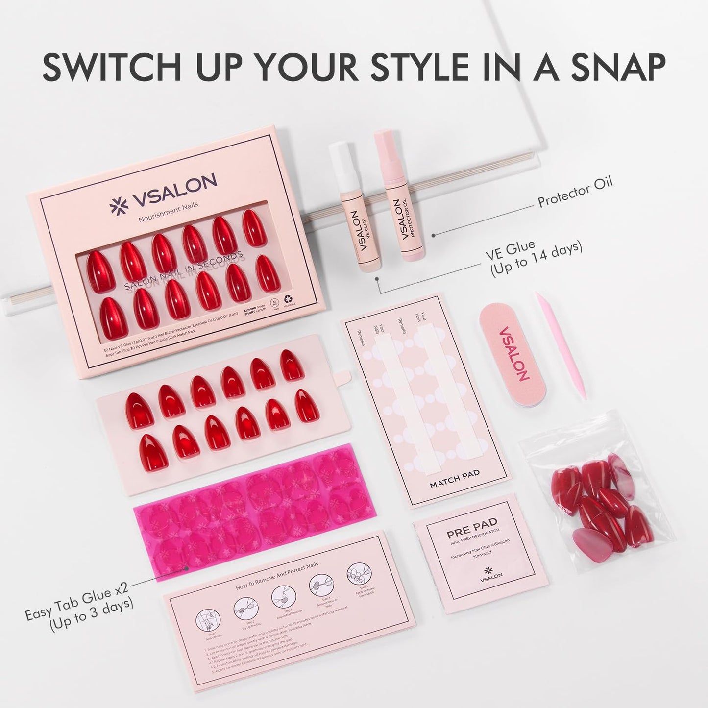 VSALON Short Almond Press on Nails - Red Cat Eye Glossy Fake Nails, Reusable Spring Summer Bright Red Opaque Salon Quality Gel Glue on Nails Kit with Cuticle Oil - 32 PCS Stick on Nails in 16 Sizes