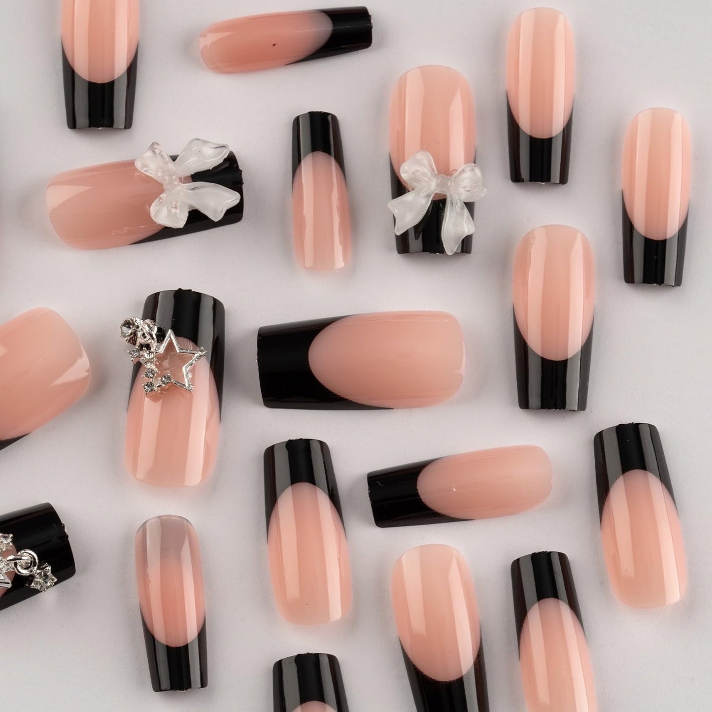 Medium Press on Nails Coffin Fake Nails Black French Tip False Nails with Bow Star Charms Design Glue on Nails Glossy Full Cover Stick on Nails Elegant Acrylic Nails Press ons for Women Manicure 24Pcs