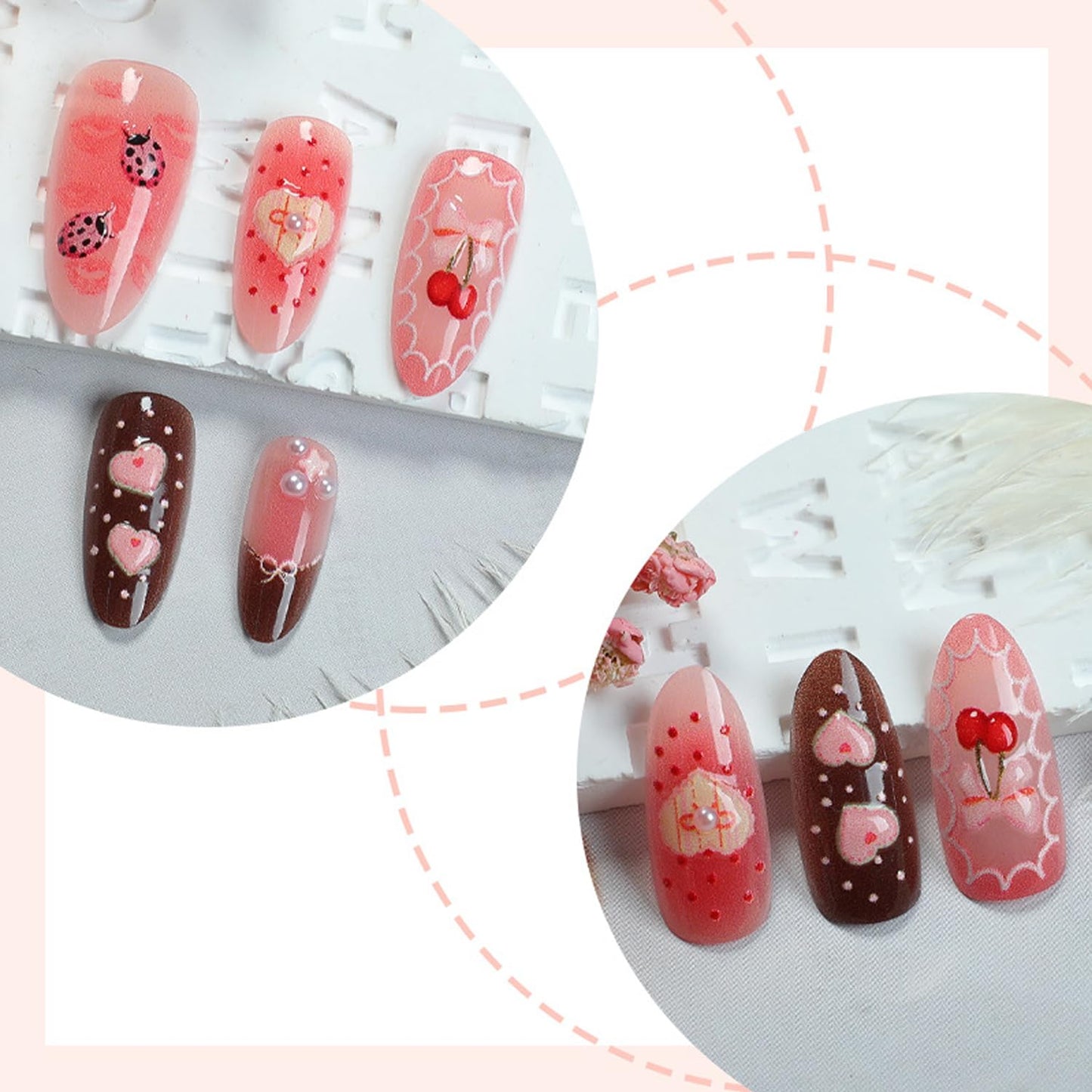 30Pcs Summer blush Press on Nails Medium Almond Fake Nails Gradient Bow Nails with French Love Strawberry Polka Dot Pearl Design Handmade Nails Exquisite Cute Stick on Nails for Women