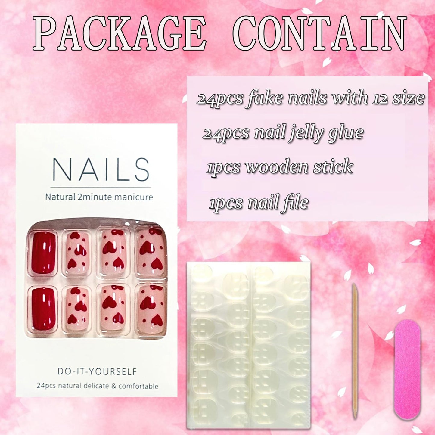FIEONCIY Press on Nails Short Square Shaped Glossy Full Cover Acrylic Extra Short Square False Nails with Love Heart Designs Artificial Fake Nails Glue Stick ons Fingernails for Women Girls(X0079)