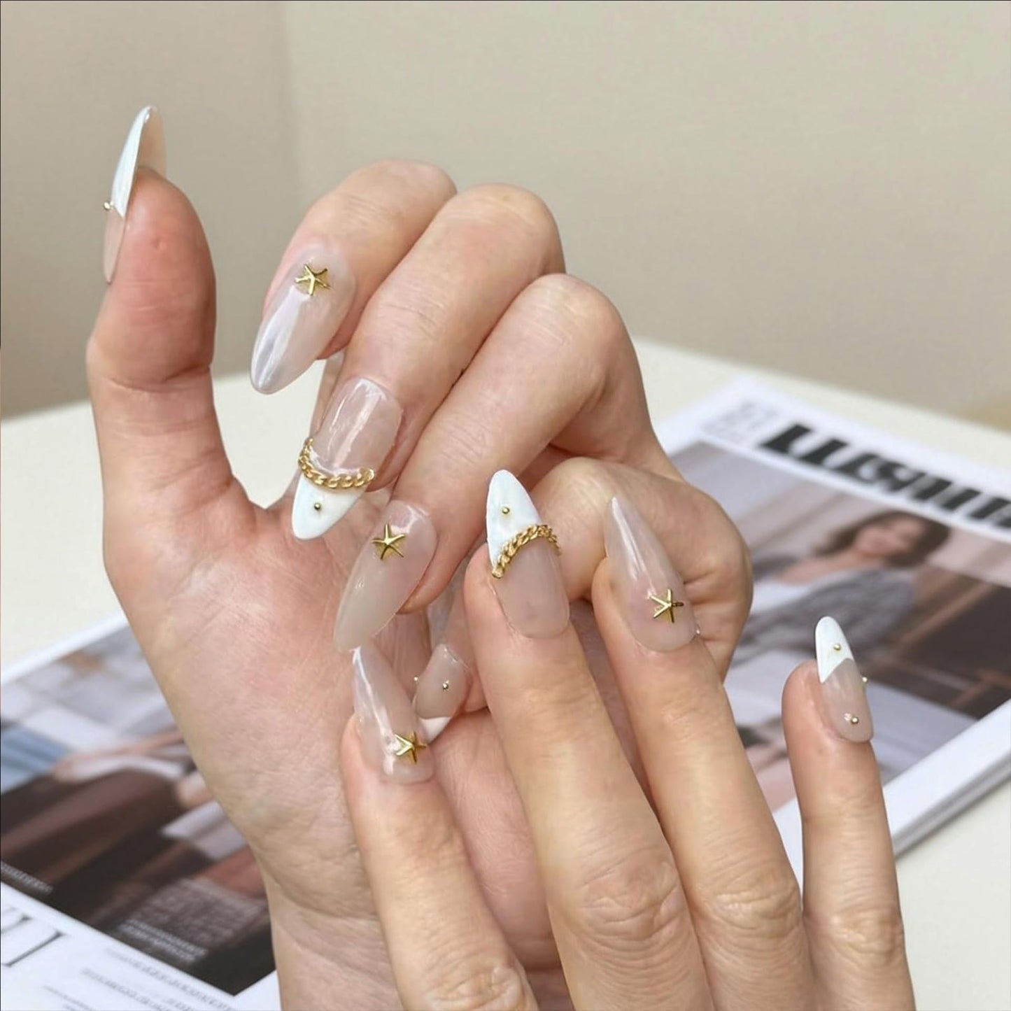 Handmade Press On Nails Medium Almond Shape - 3D Gold Metallic Embellished White French Manicure False Nails, Minimalist Spring & Summer Design | Salon Quality Reusable Fake Nails (10PCS-M)