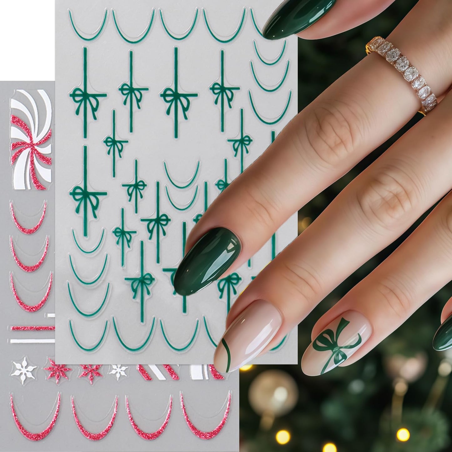 6 Pcs Christmas Nail Art Stickers Decals Pink White Glitter Snowflake Nail Decals with Green Gift Box Bow Green French Line Nail Design Pink Candy Stripe Nail Supplies for DIY Manicure Winter Xmas DIY