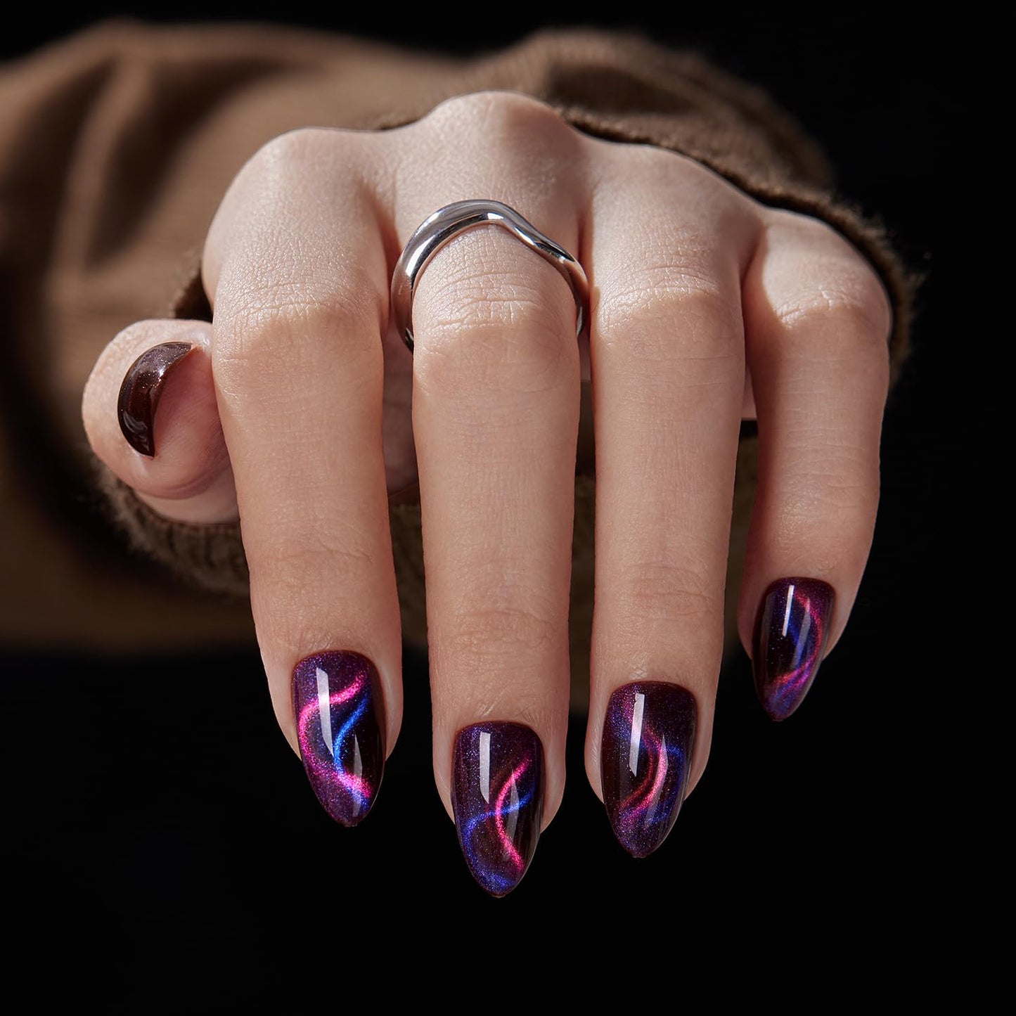 VSALON Press On Nails Short Almond, Red Cat Eye Press On & Purple Blue Ribbon Cat Eye Fake Nails Reuasble Glue on Nails For Women