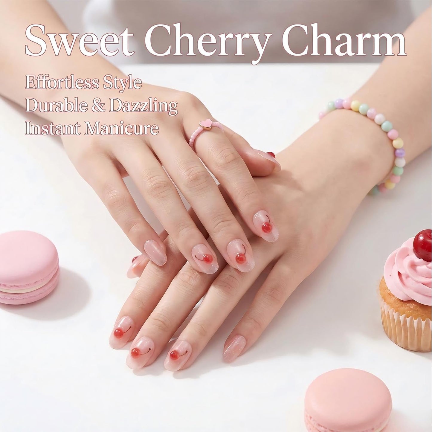 Pink Cherry Press On Nails Short Round Soft Gel Fake Nails with 3D Jelly Fruit Design, Glitter Nude Glossy Reusable On Nails for Women Girls Cute Manicure Set 24PCS