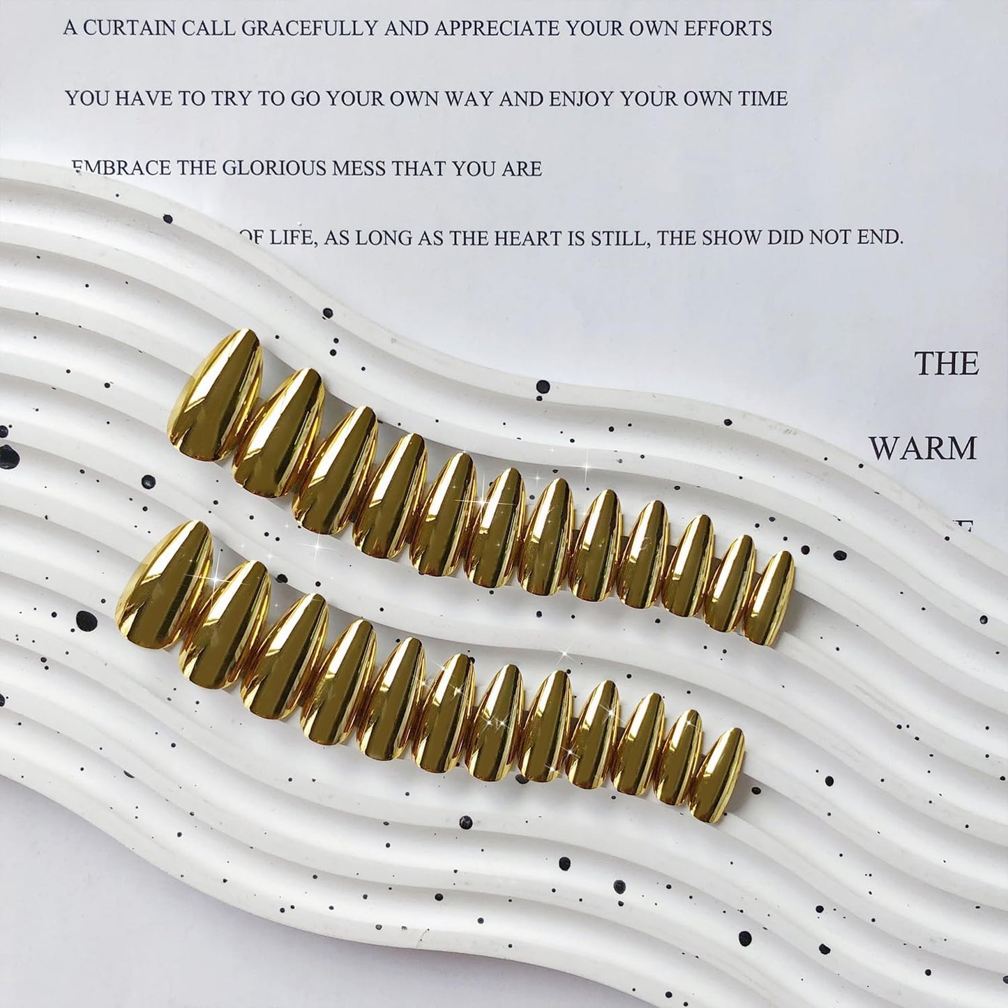 Chrome Gold Press on Nails Medium Almond, KQueenest Mirror Metal Stiletto Fake Acrylic Nails with Bling Design, Cute Medium Glue on Nails for Prom Party Wear, Glazed False Nails Press ons in 24 Pcs