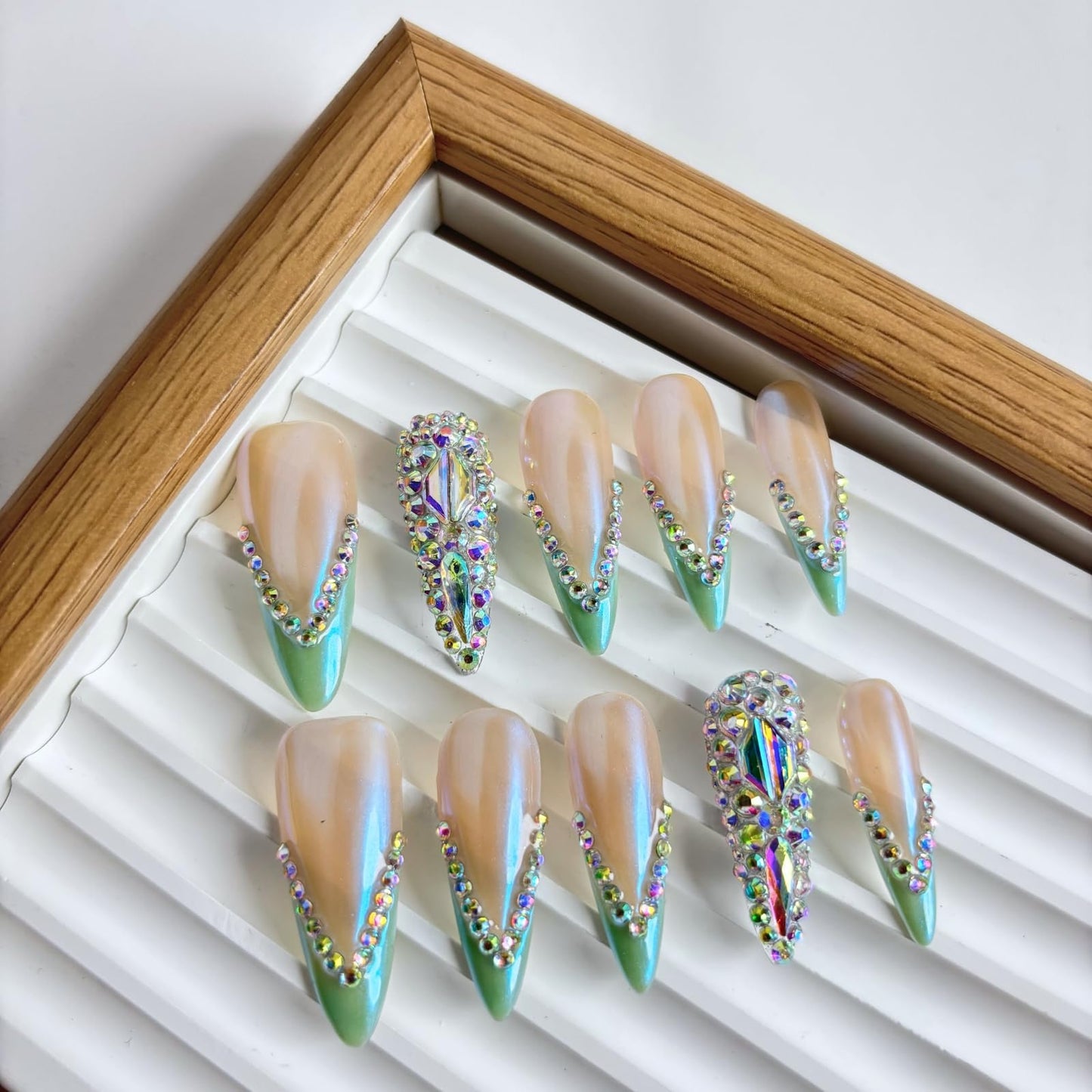 Yabonica French Tip Press On Nails Long Stiletto,10 Pcs Handmade Acrylic Fake Nails Press Ons Salon Design Stick On Nails,Luxury UV Gel Glue On Nails with 3D Rhinestone (039Blue, M)