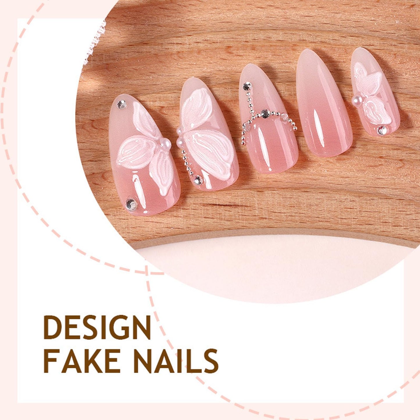 24Pcs White Flower Press on Nails Medium Almond French Fake Nails with 3D Rhinestone Pearls Design Butterfly False Nails Pink Gradient Full Cover Cute Floral Butterflies Acrylic Glue on Nail for Women
