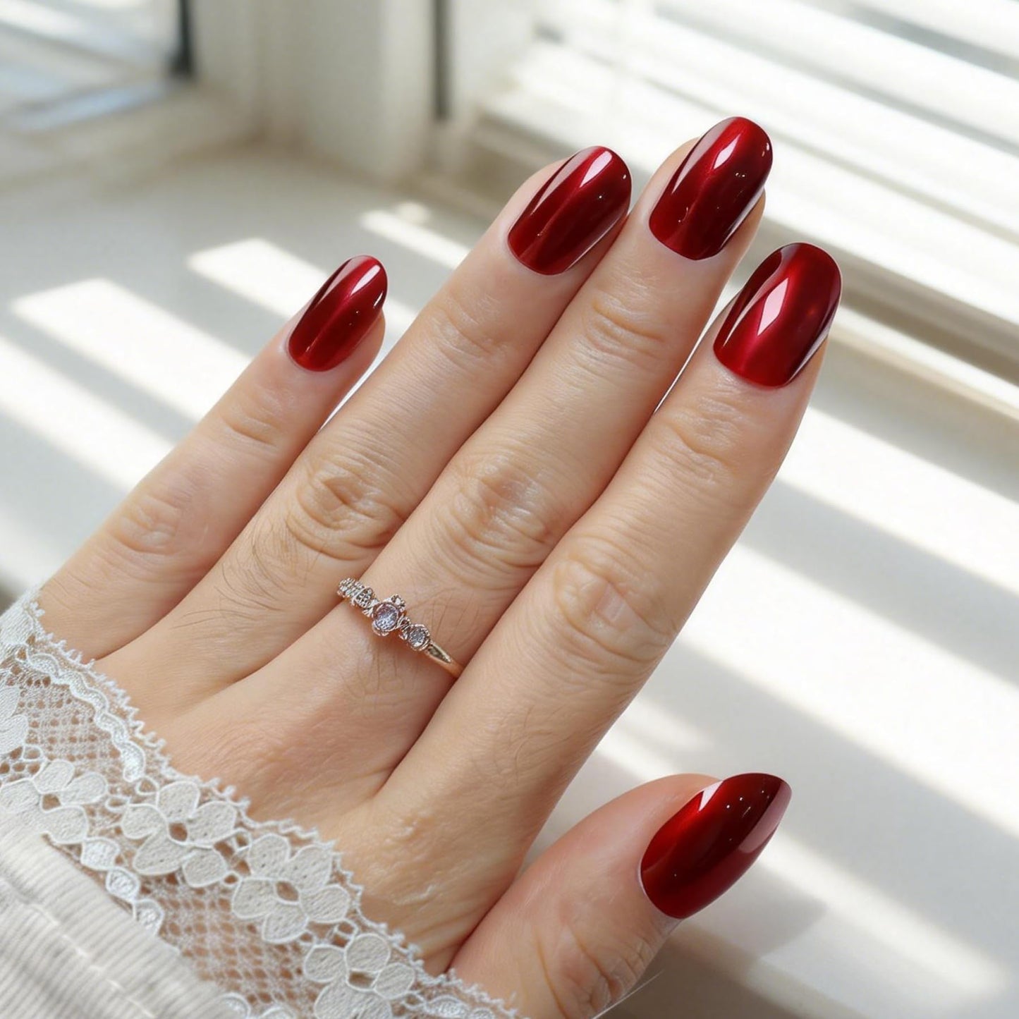 MKM Press On Nails Short - Ruby Red Oval Glossy Fake Nails, Reusable Glue On Nail Kit with Glue, 15 Sizes, Natural Look Acrylic Alternative for Women