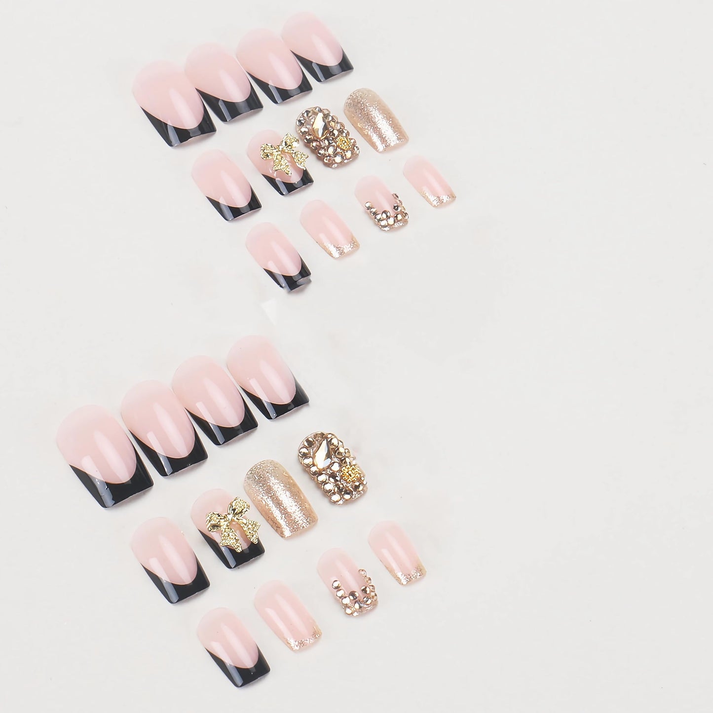 BABALAL Press on Nails Short Black Gold Fake Nails Square Glue on Nails French Tip Rhinestone Luxury Acrylic False Nails with Bow Charm Bling Gel Nails 24Pcs Handmade Squoval Nails for Women Girls