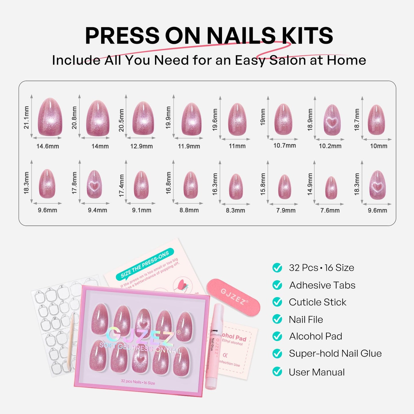 Short Almond Press on Nails Pink - GJZEZ Soft Gel Cute Cateye Nails Press ons with Magnetic Heart Designs in a Velvet Finish, Reusable Fake Faux Nail Gifts for Women in 16 Sizes 32 PCS, Romance