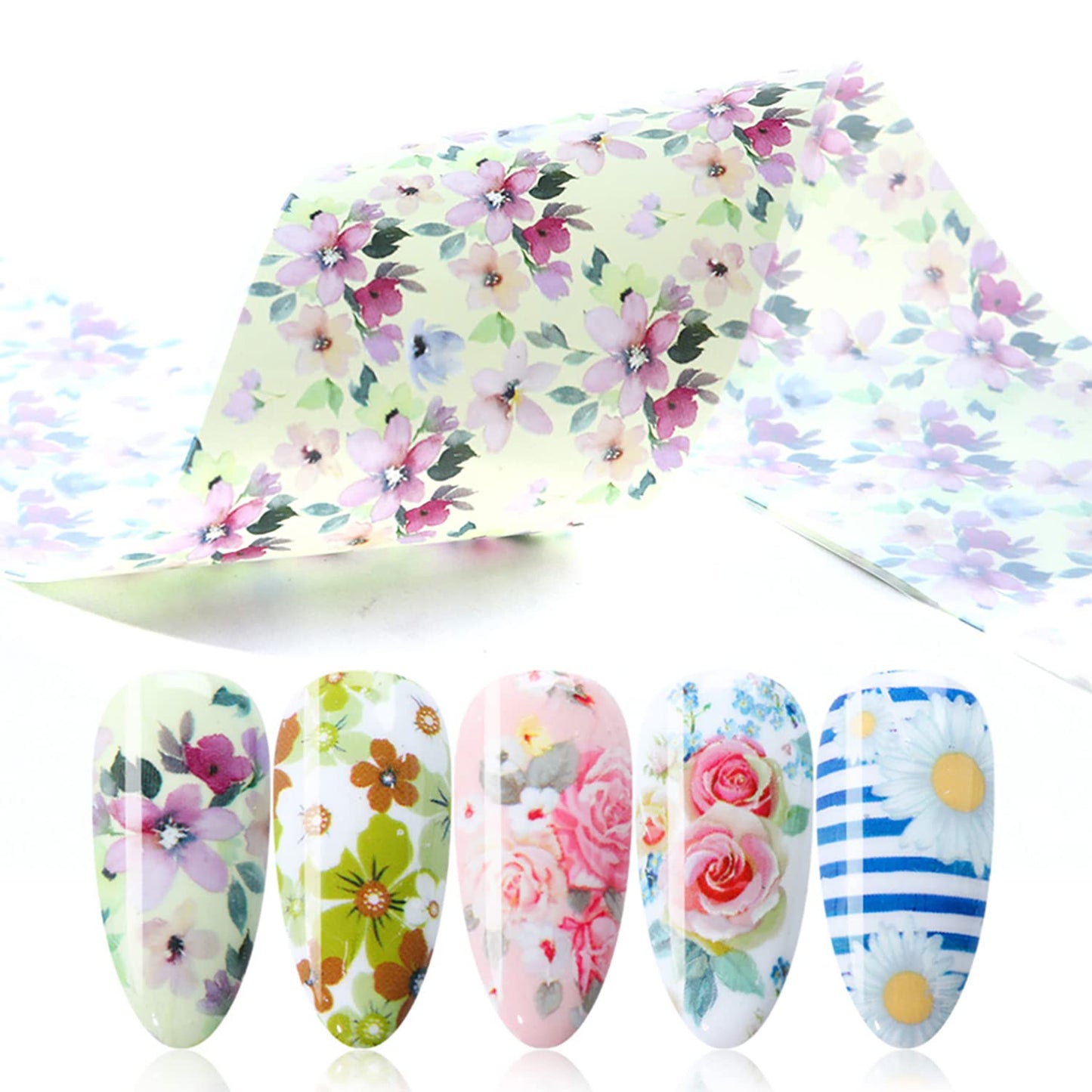 Flowers Nail Foil Transfer Stickers Decals, Flower Nail Transfer Foils Sticker Designs Spring Floral Sky Starry Paper Nail Art Decals Acrylic Nails Supplies for Women Girls Manicure Tips Decorations