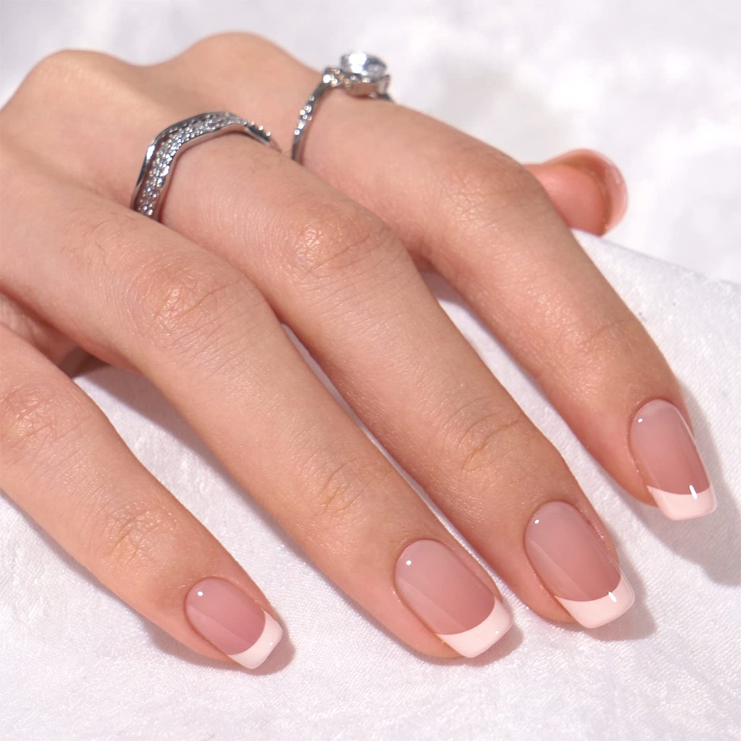 Press On Nails Short - Made by Soft Gel Light Weight & Fit Perfectly, BTArtbox Netural French Nails and White Fake Nail with Nail Glue, Stick On Nails in 15 Sizes - French Girl & Cream Puff