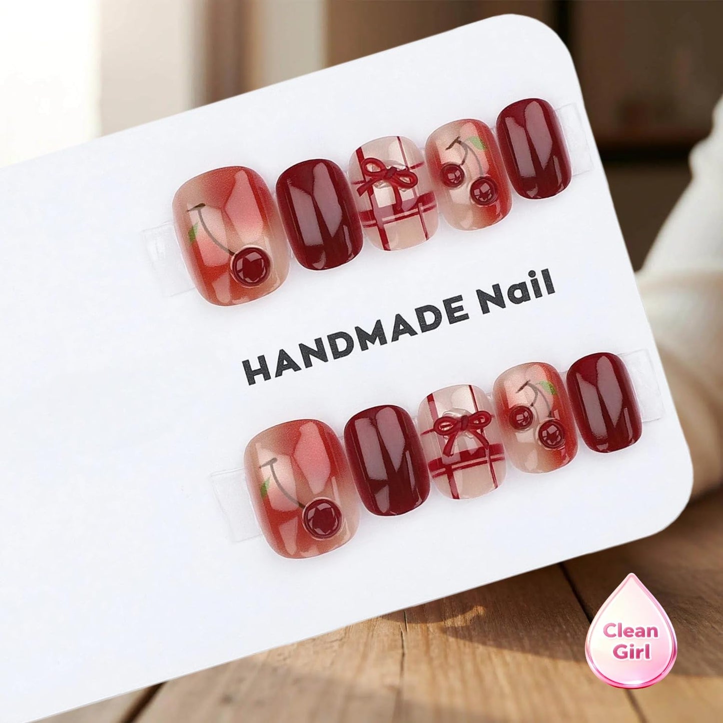 3D Cherry Red Press On Nails, Glossy Short Square Fake Nails with Fruit Design, Elegant Cute On Nails for Women, Salon Look, 30 Pcs Set (The sizing runs small)