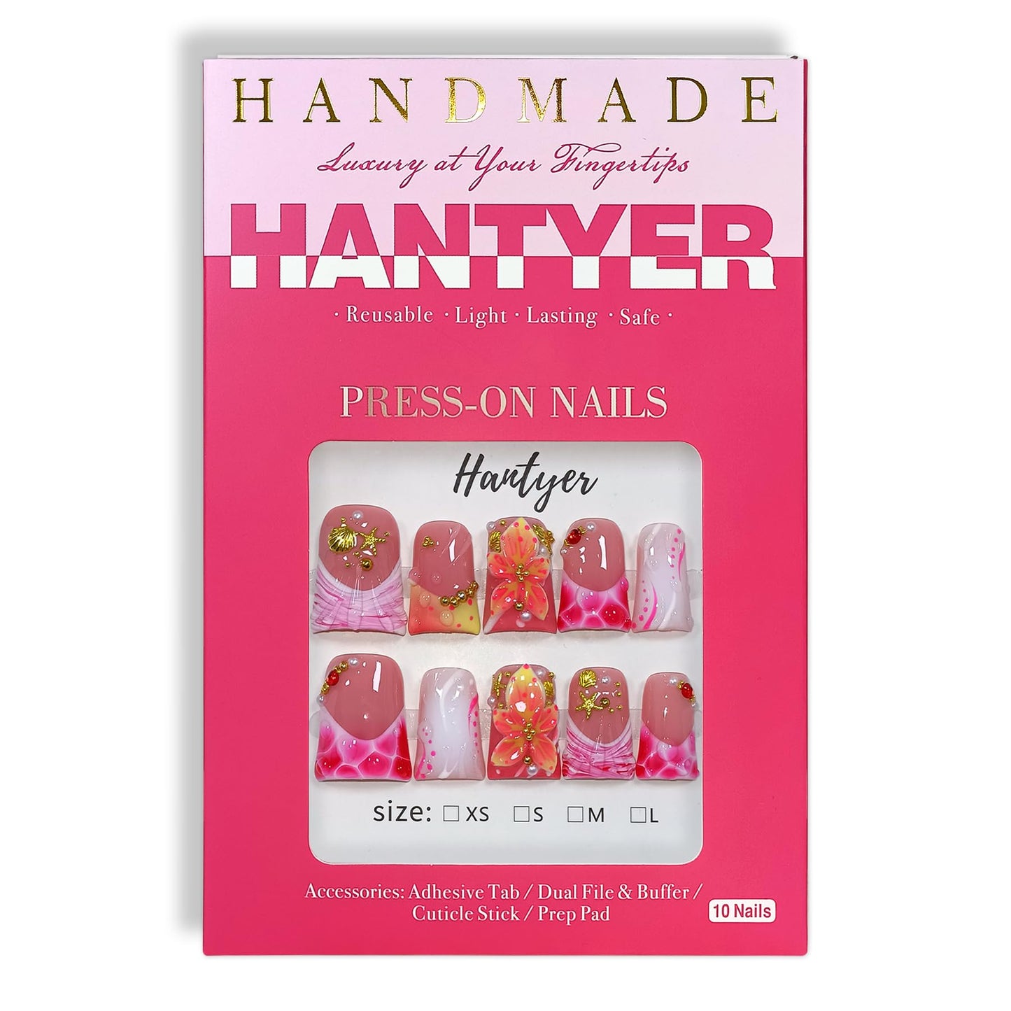 Hantyer 10pcs Short Duck Nails, Pink Leopard French Tip Press on Nails with 3D Floral & Gold Seashells, Glossy Glam Fake Nails, Reusable False Nails for Women Beach Party Vacation (Size S)