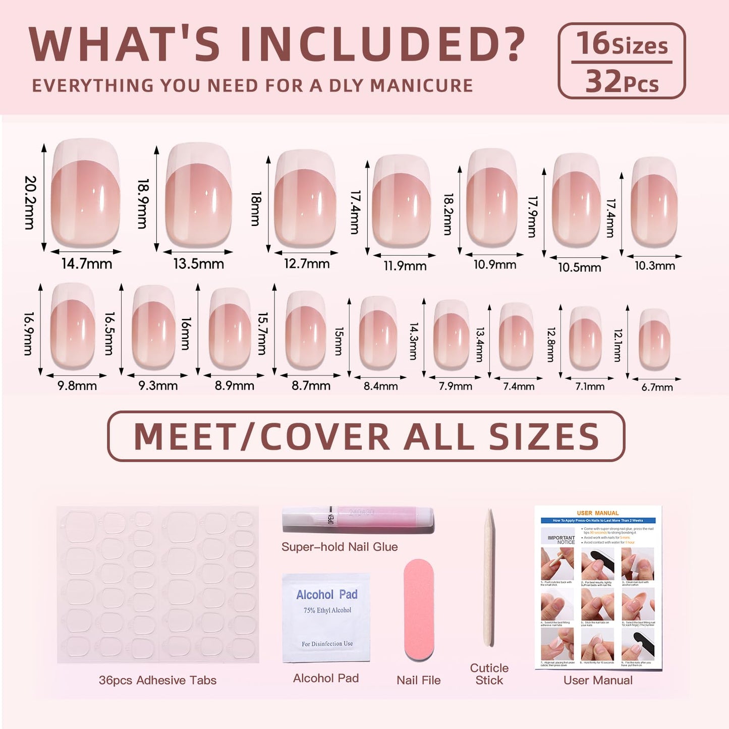 CUZIAM Soft Gel Press On Nails Short Square, 32pcs 16 Sizes Reusable Glossy French Tip Stick On Nails with Glue, Supremely Fit Seamless Natural Nude Easy Salon Gel Nail Art Manicure-Classic French