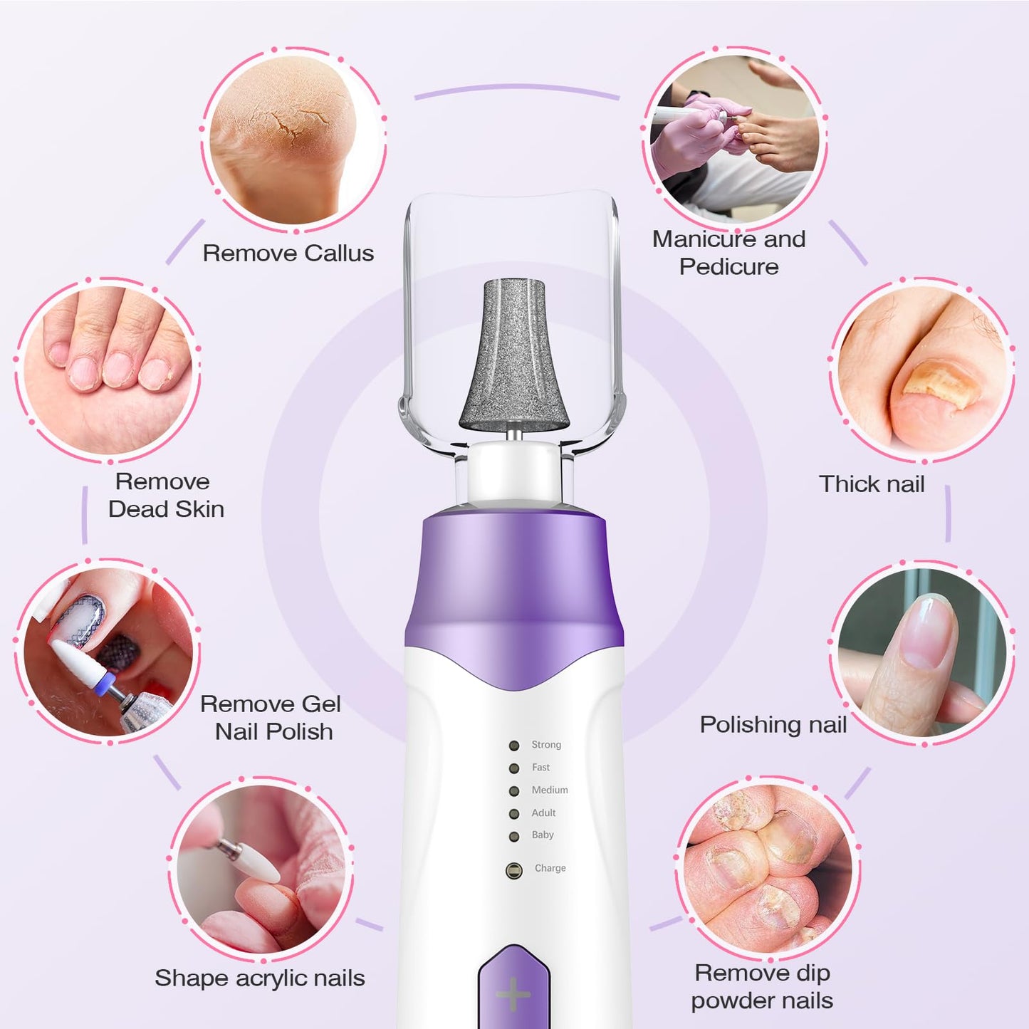 Professional Electric Nail Drill 2000mAH Portable Cordless Electric Nail File 10 in 1 Manicure Pedicure Kit ,5-Speeds Toe Nail Tools Hand Foot Care,Thick Toenail Grinder for Women Men Pets (Purple)