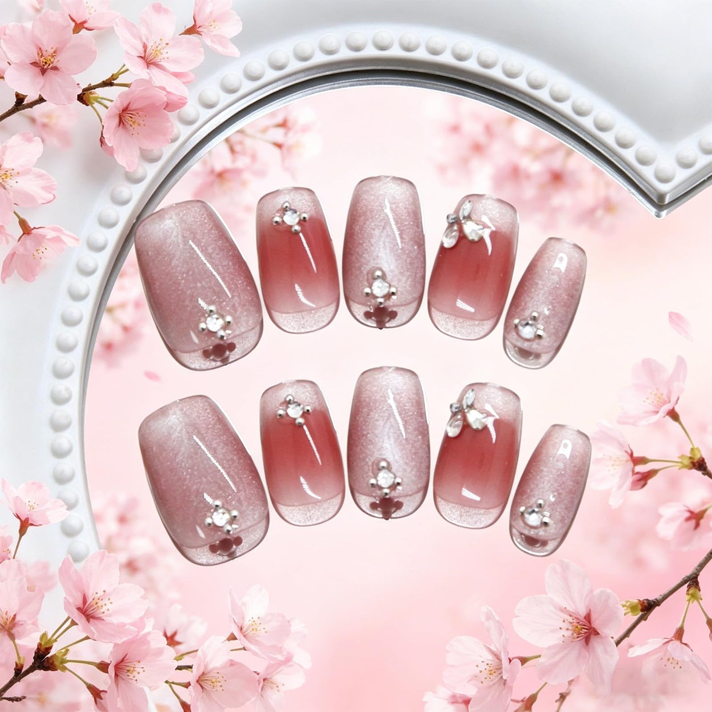 HZJXRT Press on Nails Short Square Sparkly White French Tips Fake Nails with Rhinestones Design, Glossy Pink Full Cover Glue On False Nail Flower Stick on Artificial Fingernails for Women Gift