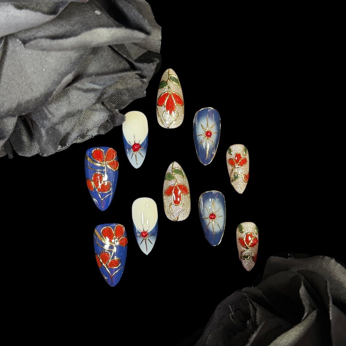 Handmade Press On Nails, Medium Almond Hand-Painted Floral Design, Luxury Blue & Red Art with Gold Outline Design, Reusable Acrylic Fake Nails Set Enamel (M)