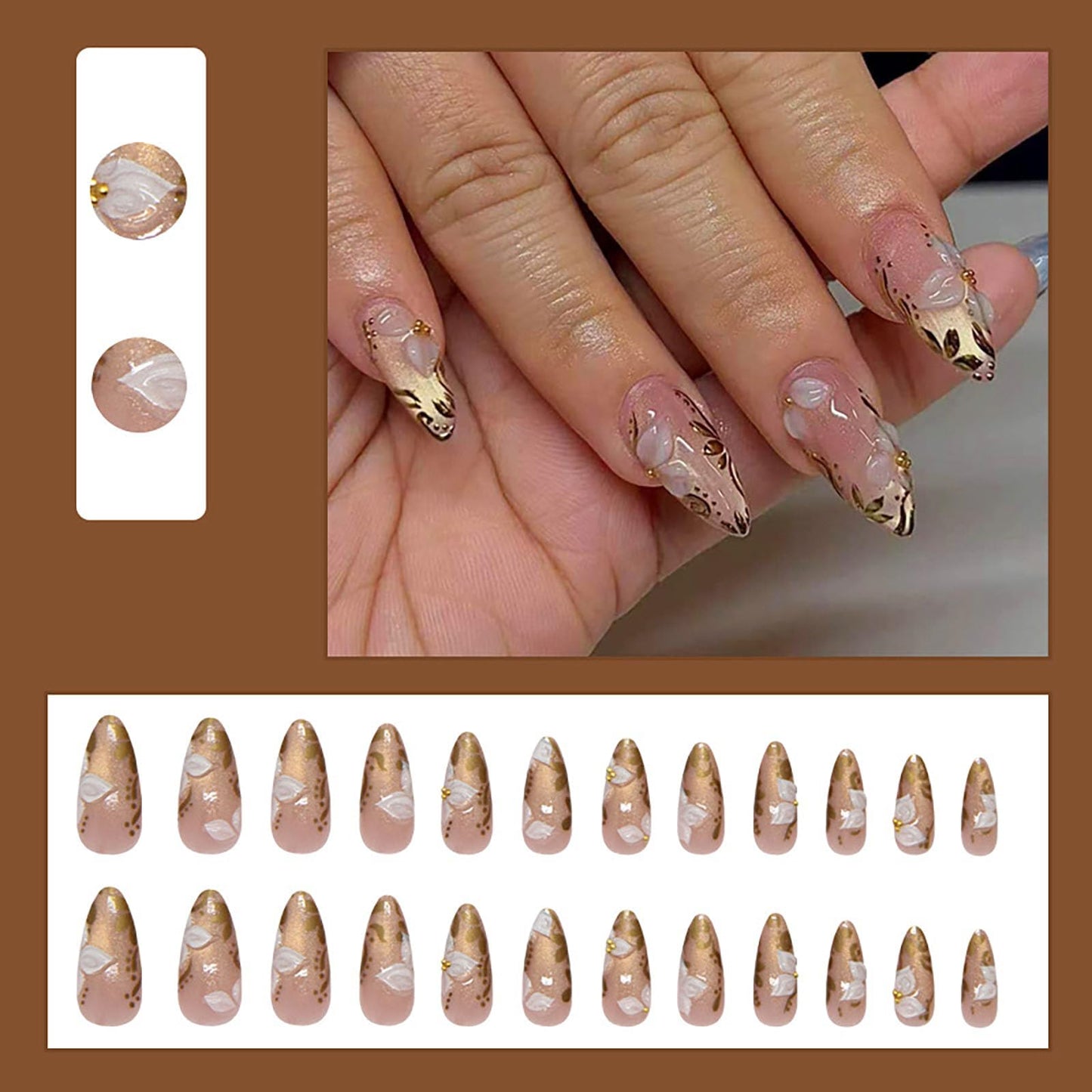 RUOKEXIN Long Almond Press on Nails Gold Cat Eye Fake Nails Ombre False Nails with Flower Designs Stiletto Nail Press ons Sparkly Artificial Nails for Women 24Pcs