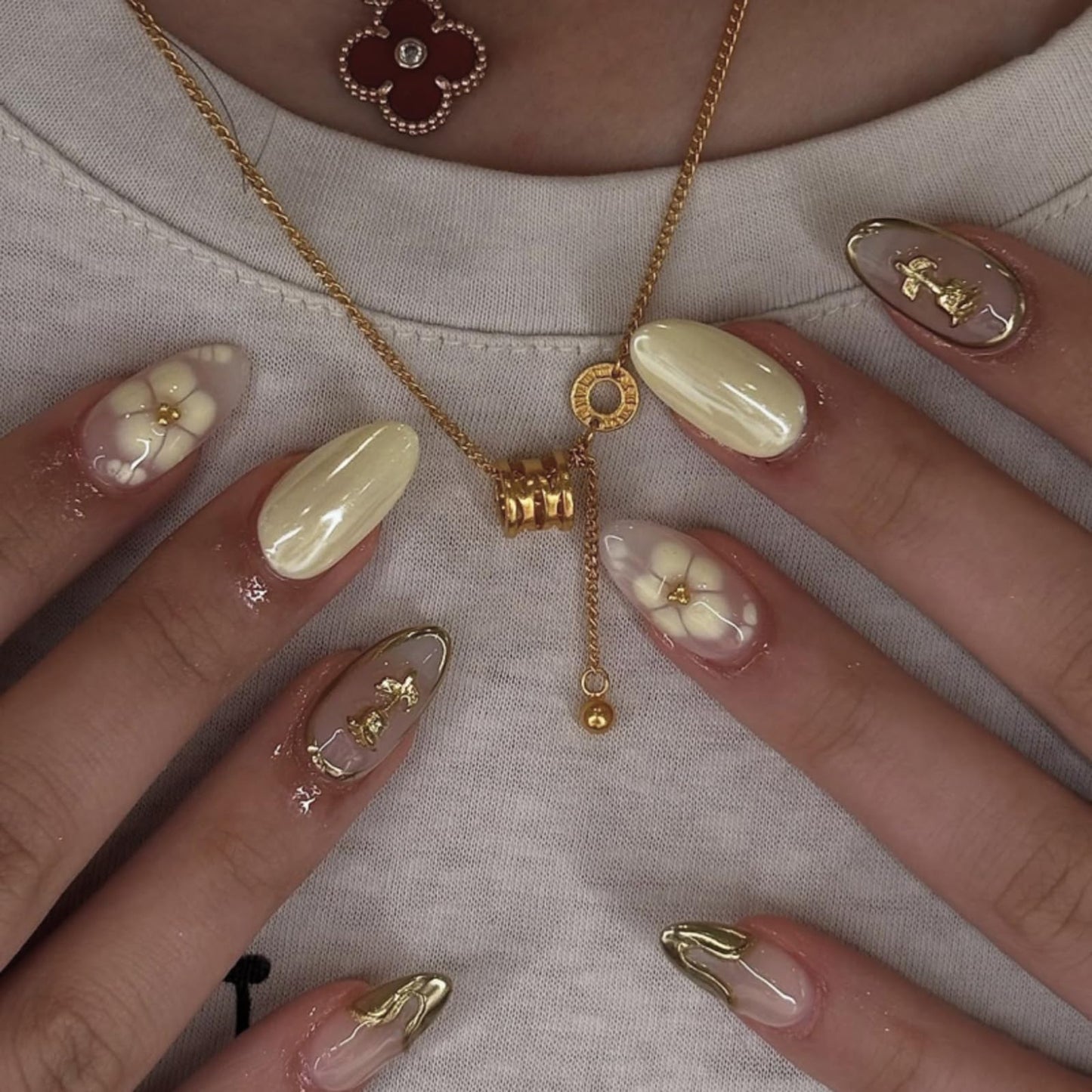 Yellow Flower Press On Nails with Gold 3D Design, Glossy Almond Fake Nails with Metallic Line Art, Elegant Reusable Stick On Nails for Women and Girls, 24PCS Full Cover False Nail Set