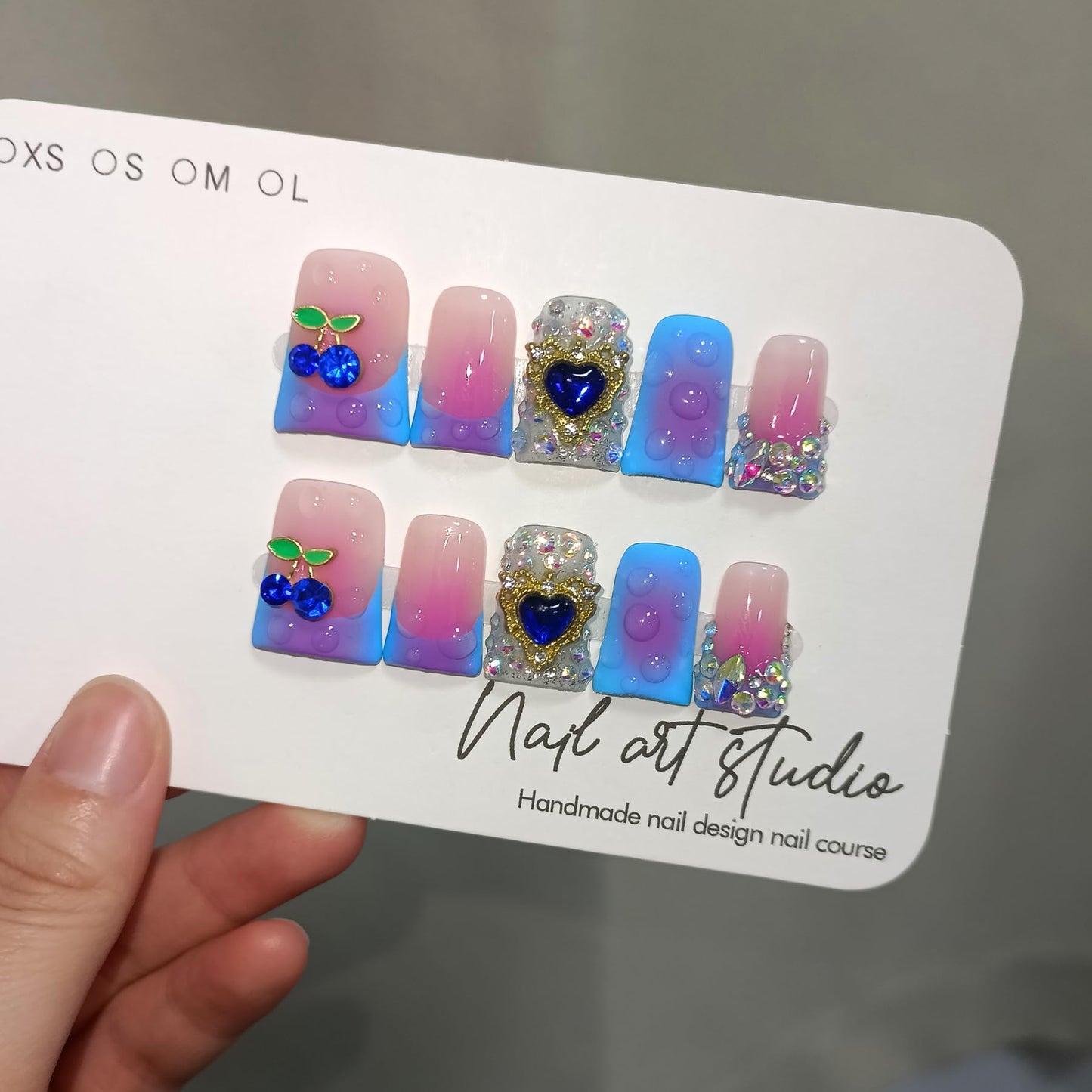 TENPAL Handmade French Tips Press on Duck Nails Kits - Icy Blue Purple Ombre Duckbill Nails with 3D Cherry Design, Acrylic Glossy Y2K False Nails for Women Girls Daily Parties(S)