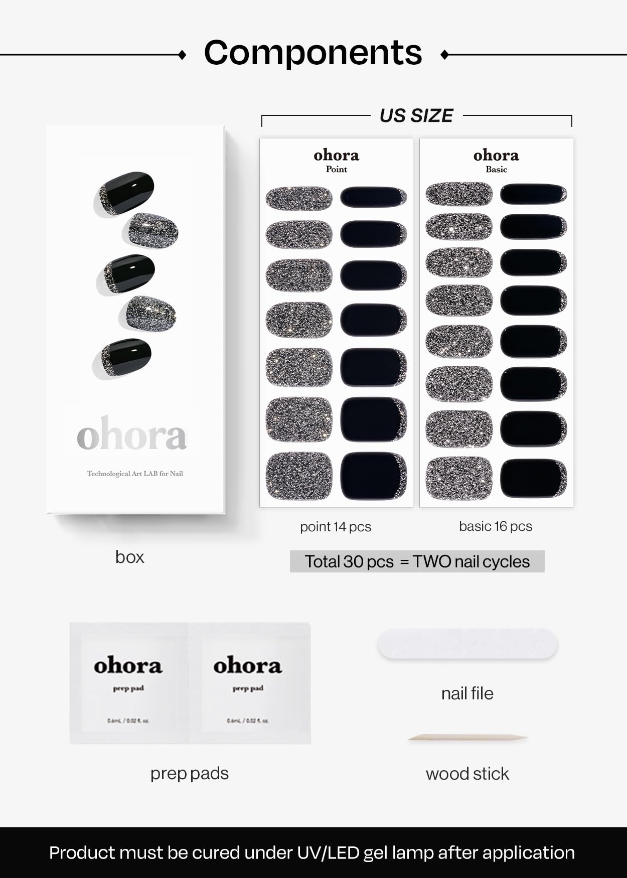 ohora Semi Cured Gel Nail Strips (N Party Night) - Dark, Glitter, Works with Any UV/LED Lamps, Salon-Quality, Long Lasting, Easy to Apply & Remove - Includes 2 Prep Pads, Nail File & Wooden Stick