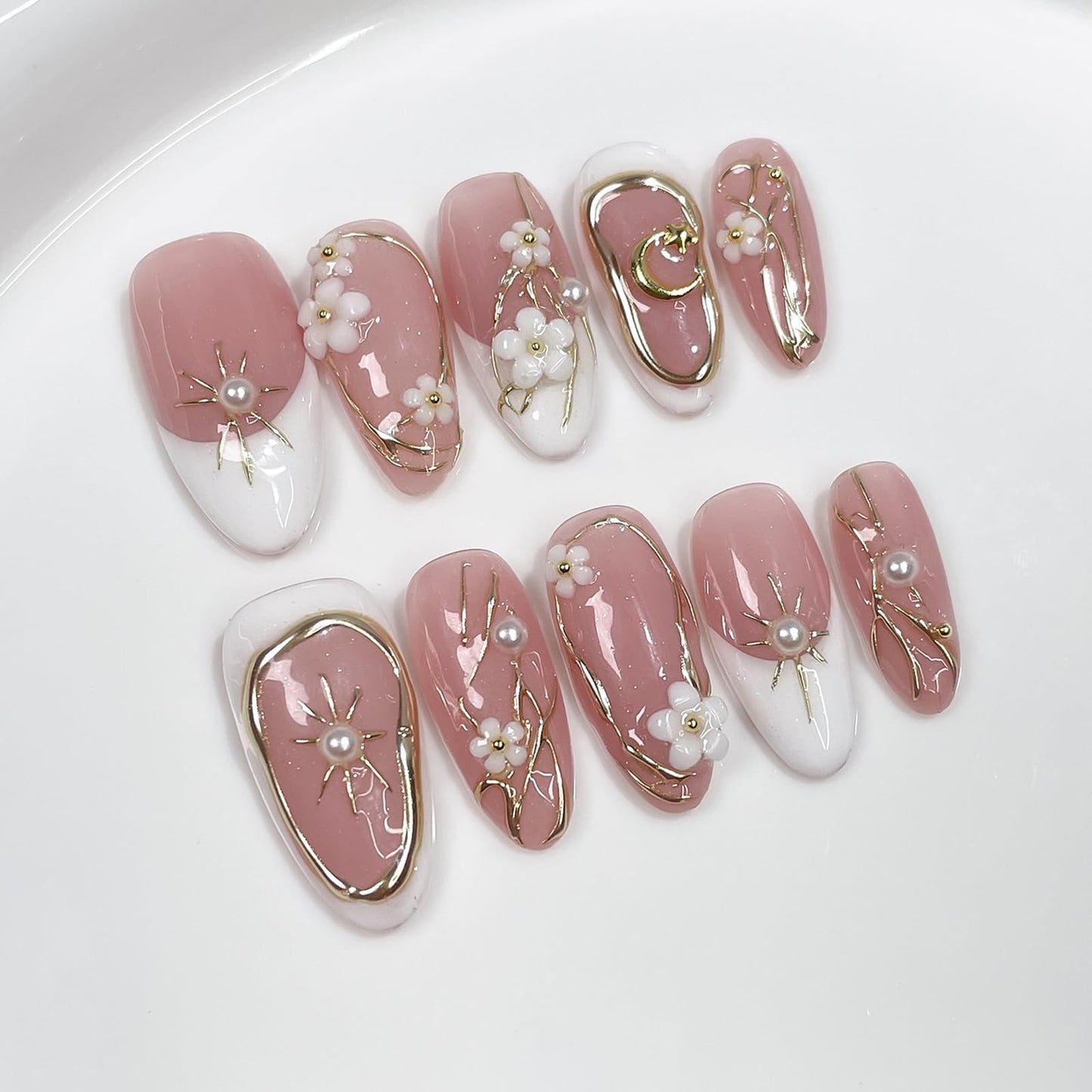 10Pcs Handmade Flower Press on Nails Almond Medium Fake Nails with 3D Flower Pearl Design Spring Summer Flower False Nails French Tip Acrylic Nails Press ons Holiday Stick on Nail for Women (S)