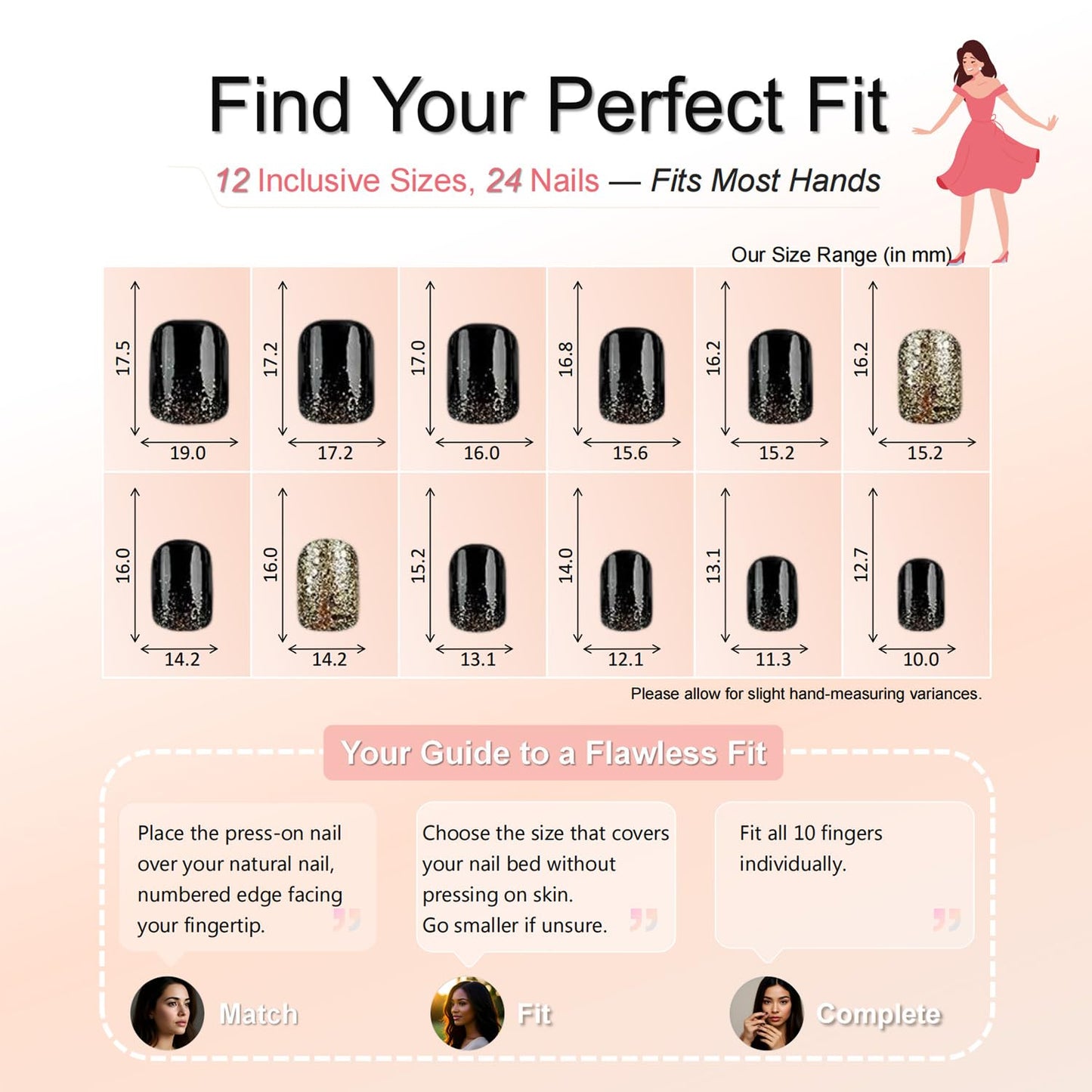 Taoyisent Black and Gold Glitter Press On Nails, Elegant Square False Nails with Sparkly Gradient Design, Easy to Apply Press On Nail Kit for Women, 24 Pcs