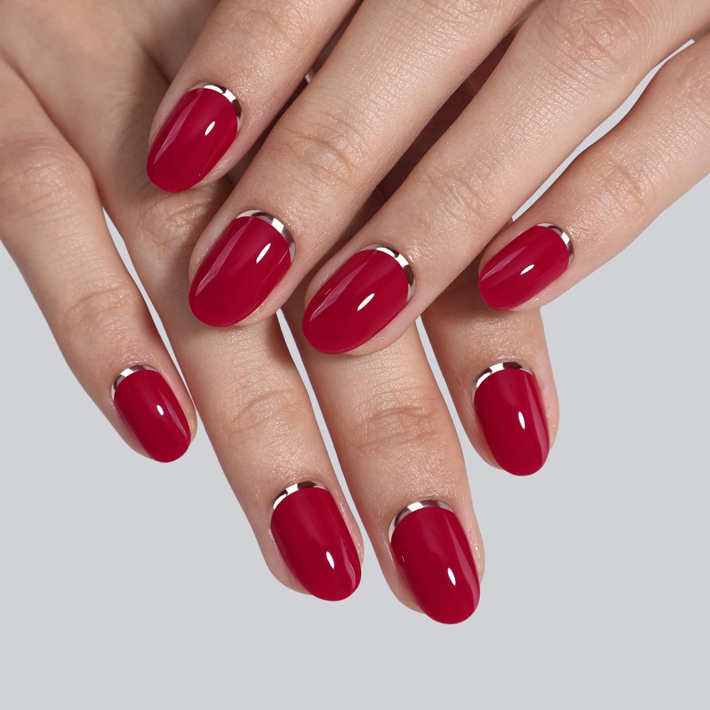 Red Press on Nails Oval - SHANGMENG Soft Gel 3D Silver Foil Short Press on Nails for Women, Seamless Fit Glue on Nails in 16 Sizes - 32 Reusable Fake Nails Kit with Glue, Crimson Curve