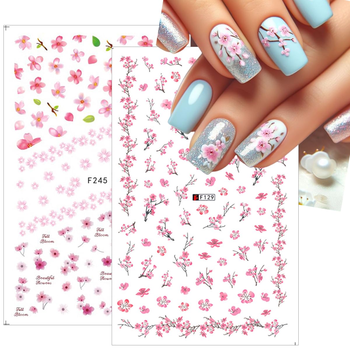 8Pcs Cherry Blossoms Nail Stickers 3D Self Adhesive Pink Flower Nail Art Stickers Spring Summer Peach Blossom Petals Leaves Nail Art Design Nail Decals Floral Nail Supplies for Acrylic Nail Decoration