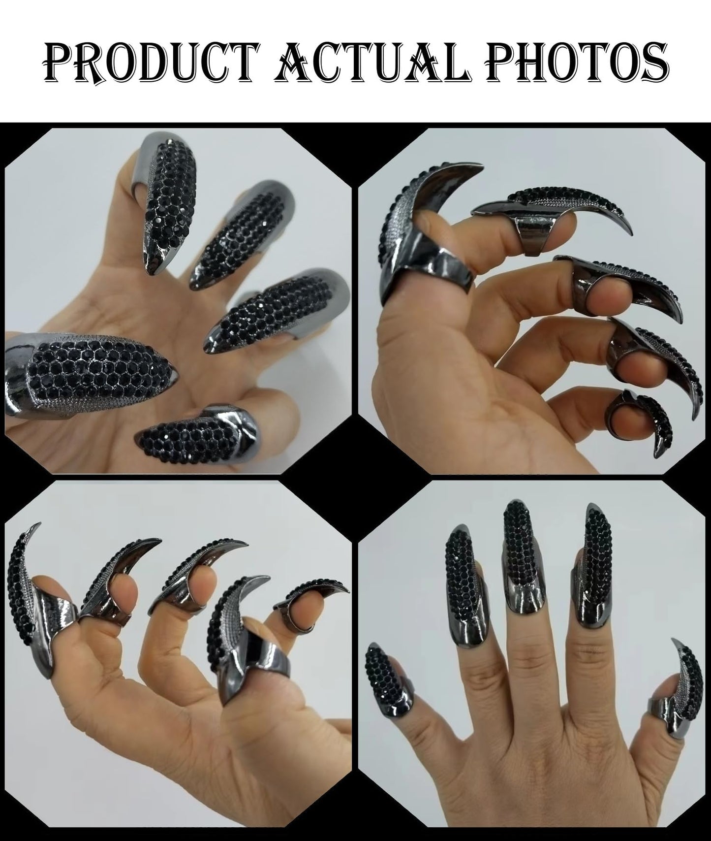 10 Pcs Halloween Costume Fake Finger Claws - Gothic Punk Cosplay Nail Rings - Sparkling Crystals Paved Party Accessories for Girls Women Men - Witch Vampire Paw Fingertip Claw Nails, 3 Sizes - Black