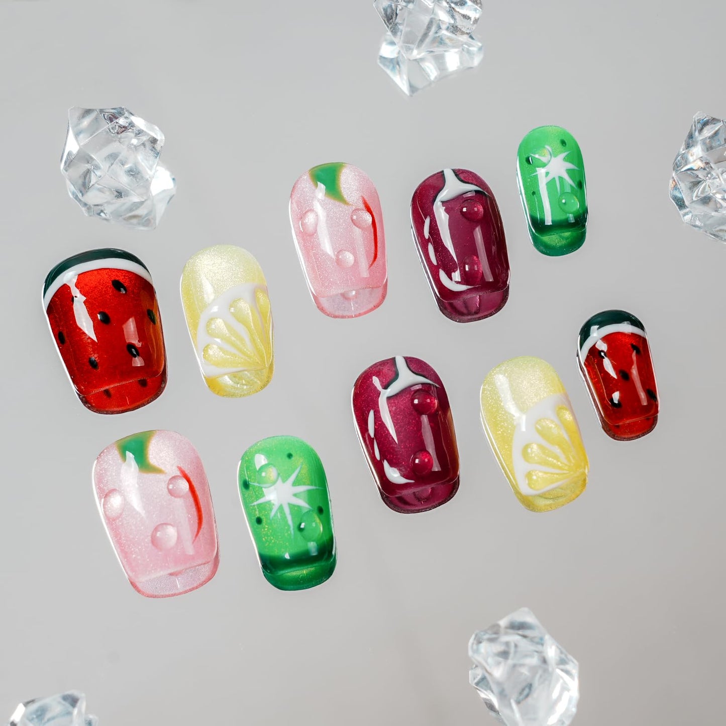 Tesytto Glitter Press on Nails Short Coffin Summer Fruit Nails Cateyes with 3D Water Drop, Hand-painted Watermelon & Lemon Art, Reusable Acrylic Full Cover Fake Nails, 10pcs (Fruit Party,S)