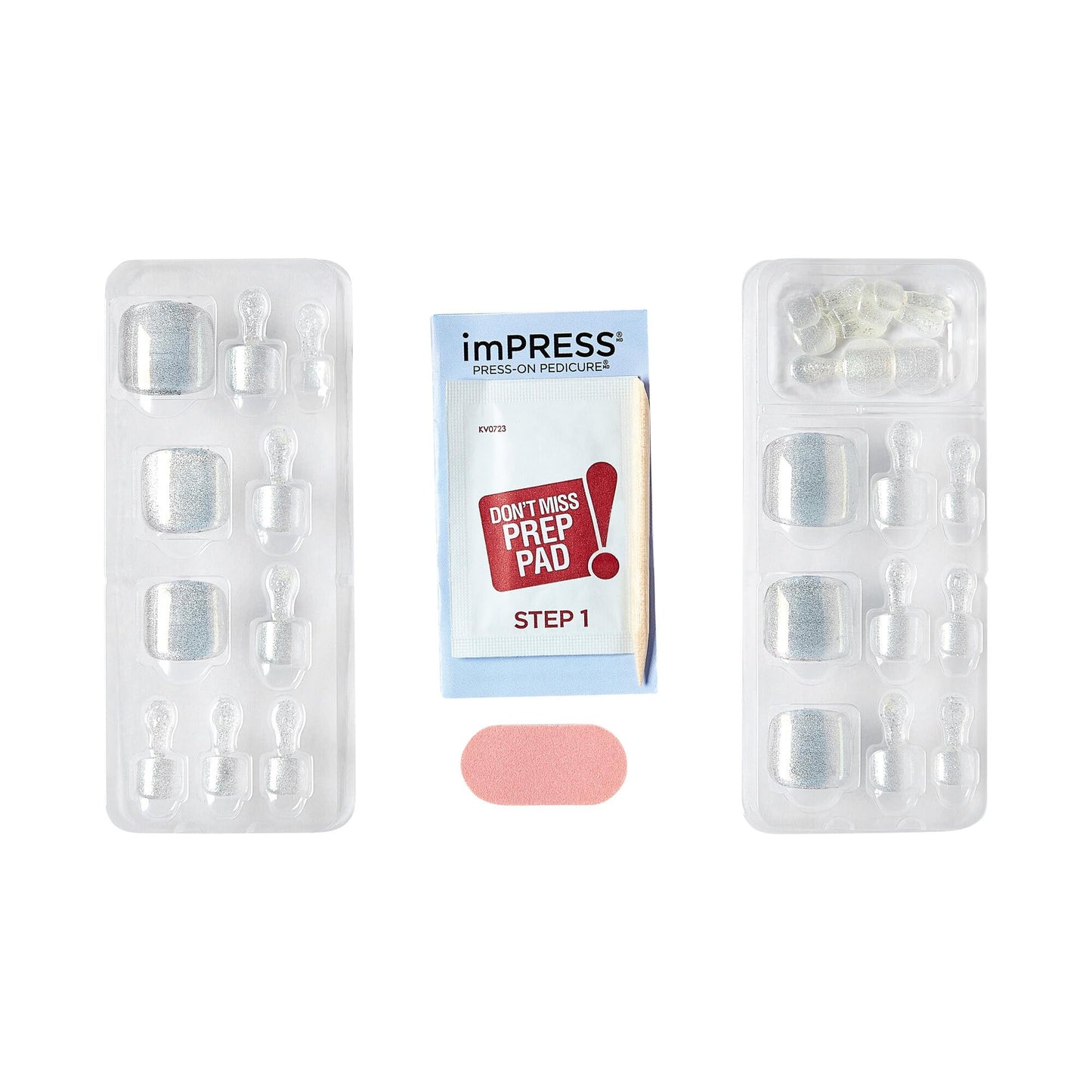KISS Impress Premium No Glue Pedi Press-On Toenails, Sparkling White Silver, Silver Glitter, Squoval Shape, Includes 24 Nails, Prep Pad, 1 Manicure Stick, 1 Mini File