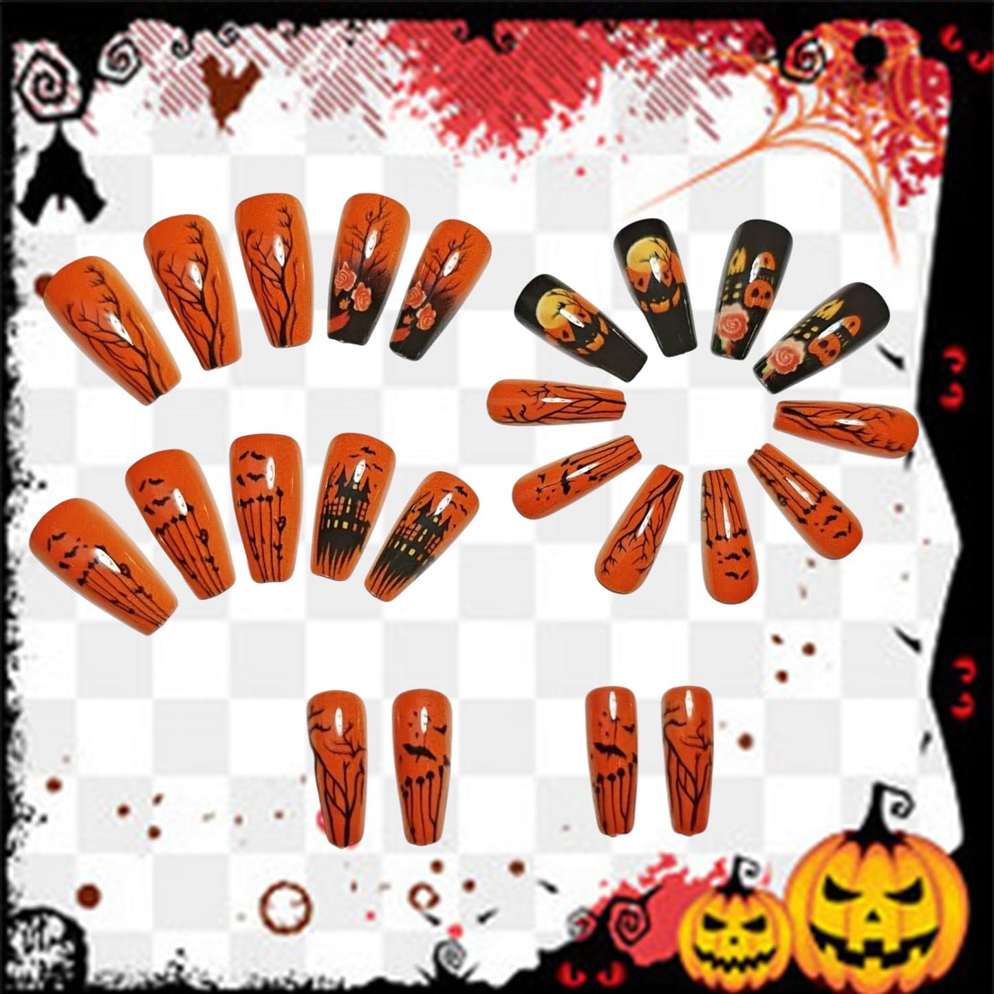 Halloween Press on Nails Long Ballet Shaped Bat Pumpkin False Nails Full Cover Artificial Acrylic Fingernails Castle Flower Design Halloween Nail Glossy Festivla Glue on Nails for Women Supplies